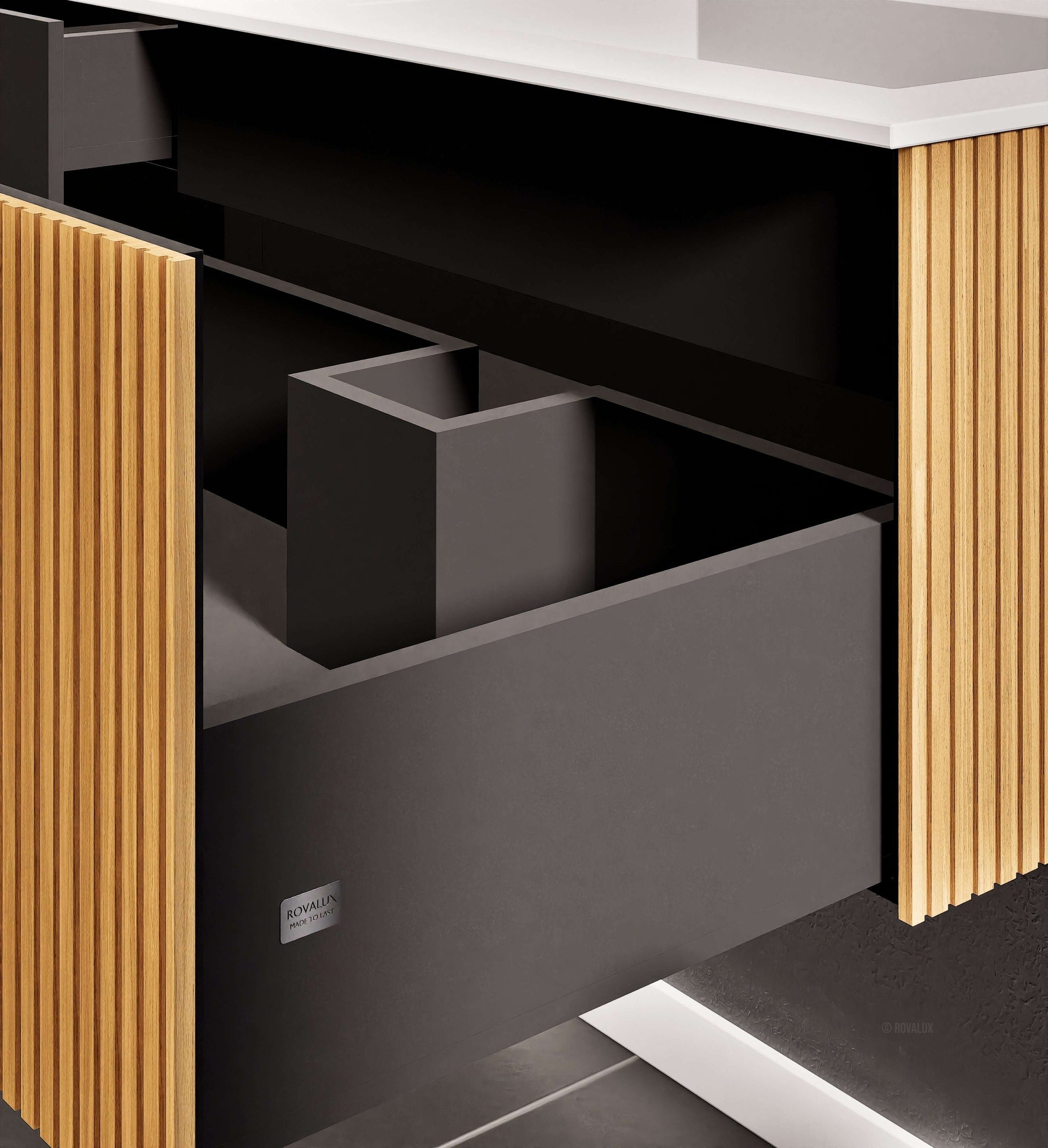 Fluvia Single Left Wall Set – Corian® Sink & Countertop with 1 Main Drawer & Concealed Inner Drawer - ROVALUX