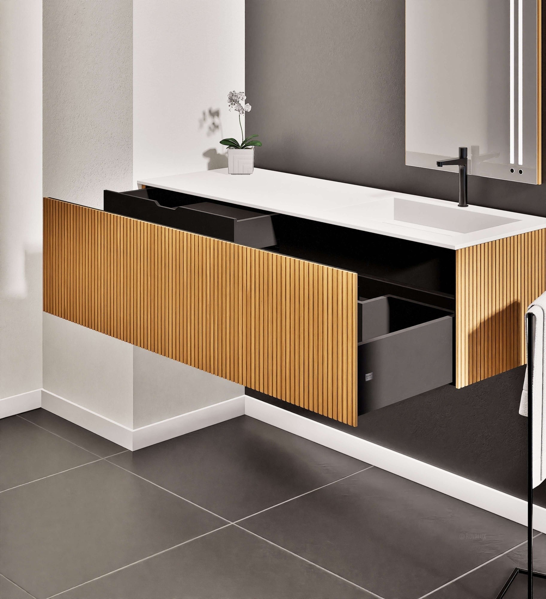 Fluvia Single Left Wall Set – Corian® Sink & Countertop with 1 Main Drawer & Concealed Inner Drawer - ROVALUX