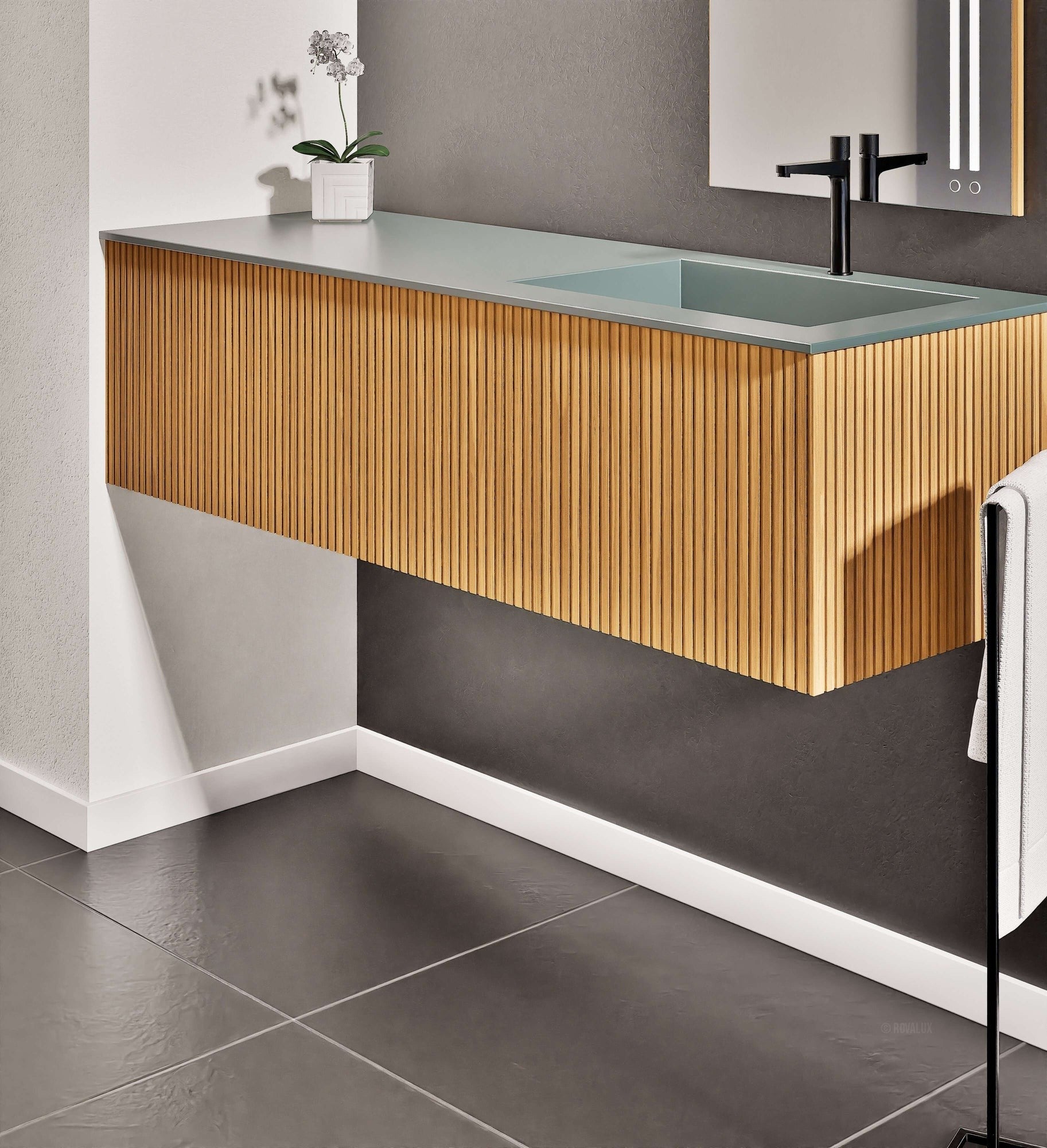 Fluvia Single Left Wall Set – Corian® Sink & Countertop with 1 Main Drawer & Concealed Inner Drawer - ROVALUX