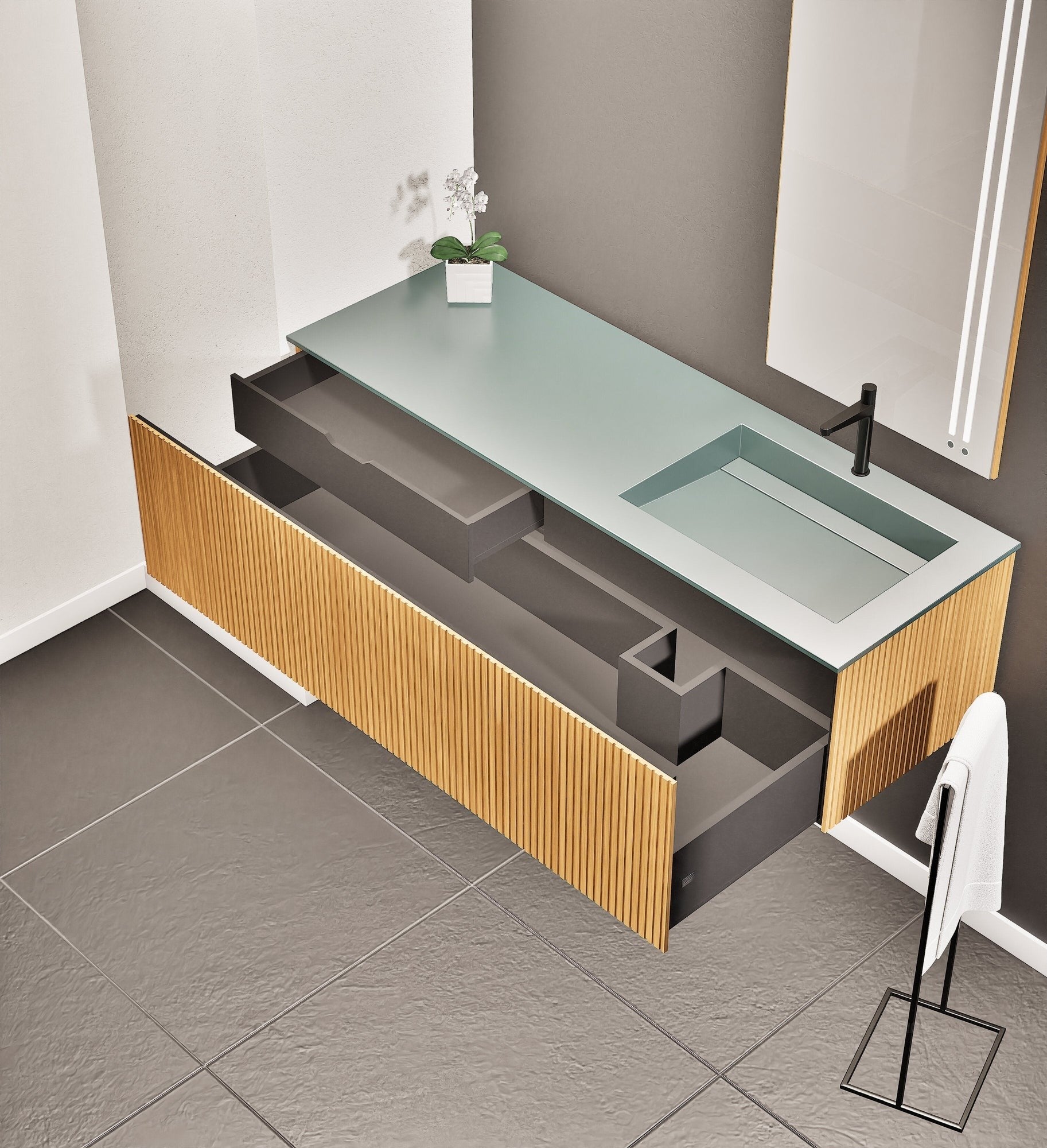 Fluvia Single Left Wall Set – Corian® Sink & Countertop with 1 Main Drawer & Concealed Inner Drawer - ROVALUX