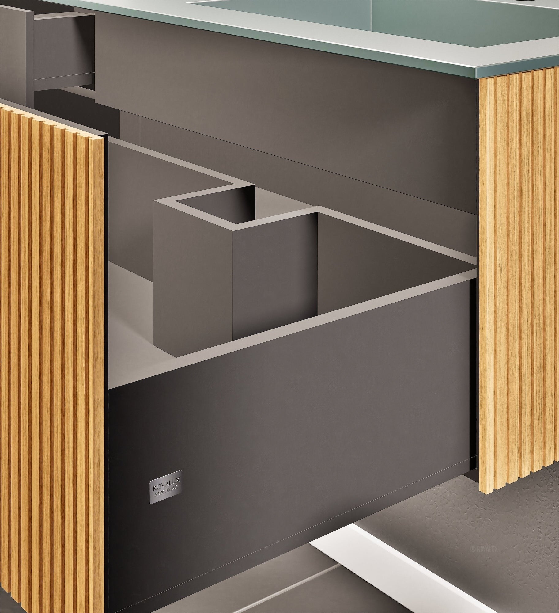 Fluvia Single Left Wall Set – Corian® Sink & Countertop with 1 Main Drawer & Concealed Inner Drawer - ROVALUX