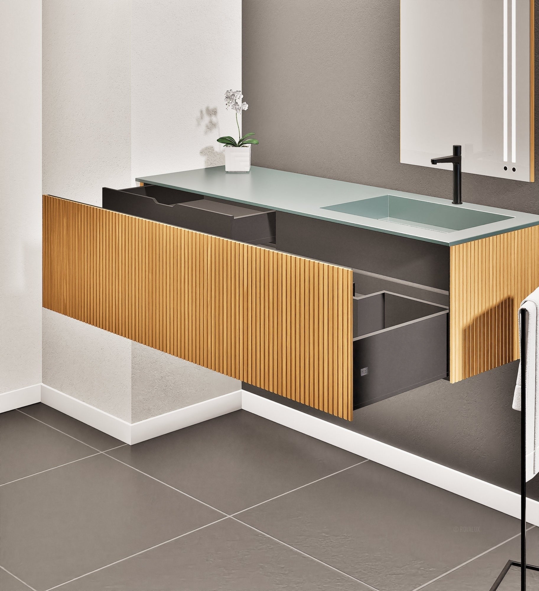 Fluvia Single Left Wall Set – Corian® Sink & Countertop with 1 Main Drawer & Concealed Inner Drawer - ROVALUX
