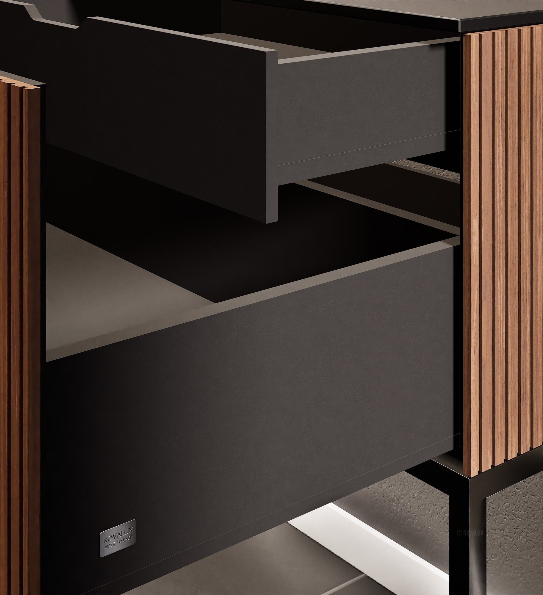 Fluvia Single Left Wall Set with Supporting Legs – Corian® Sink & Countertop with 1 Main Drawer & Concealed Inner Drawer - ROVALUX
