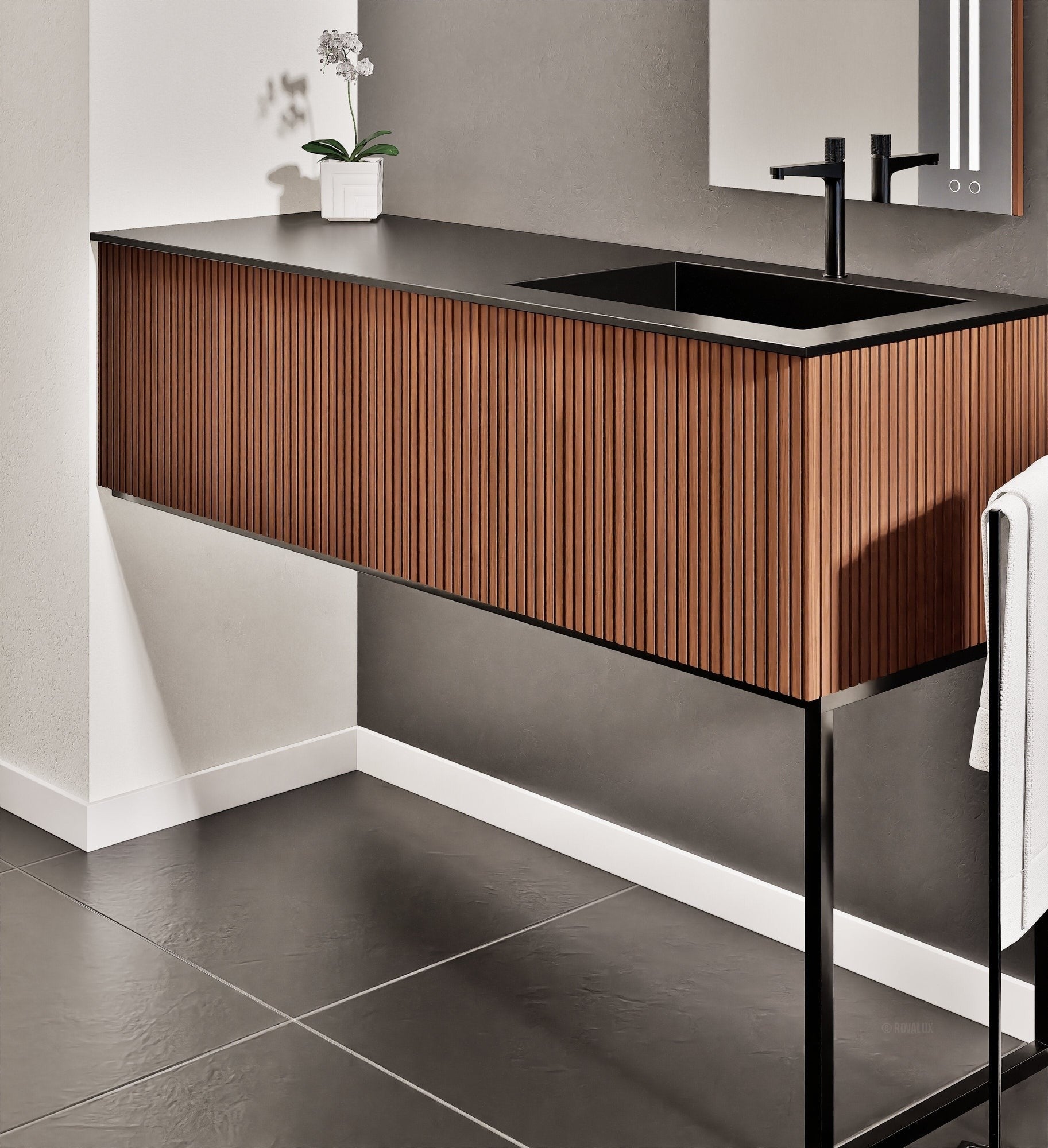 Fluvia Single Left Wall Set with Supporting Legs – Corian® Sink & Countertop with 1 Main Drawer & Concealed Inner Drawer - ROVALUX