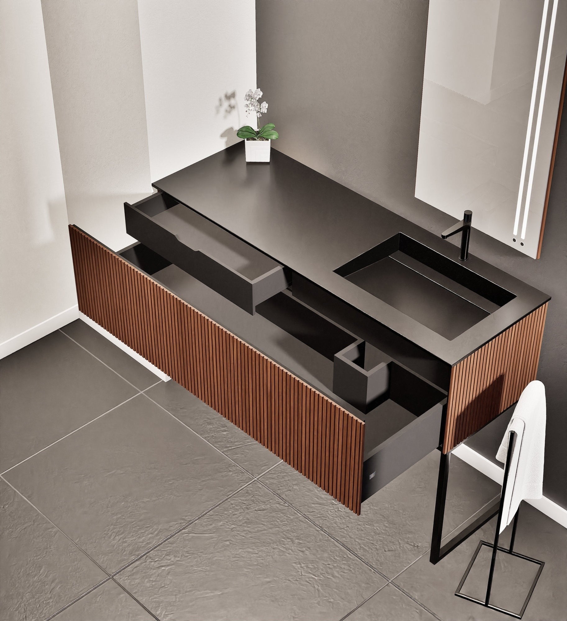 Fluvia Single Left Wall Set with Supporting Legs – Corian® Sink & Countertop with 1 Main Drawer & Concealed Inner Drawer - ROVALUX