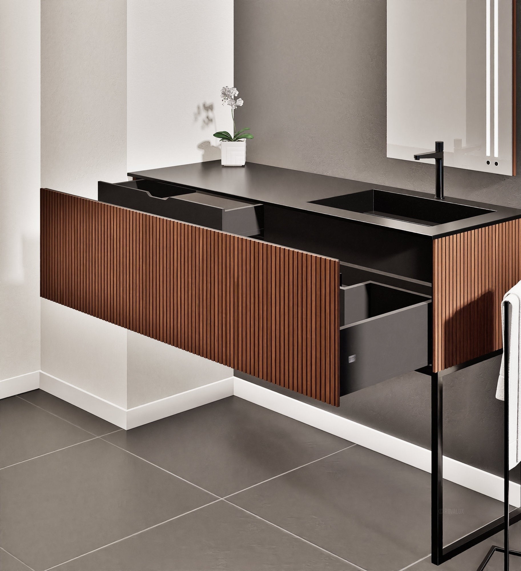 Fluvia Single Left Wall Set with Supporting Legs – Corian® Sink & Countertop with 1 Main Drawer & Concealed Inner Drawer - ROVALUX