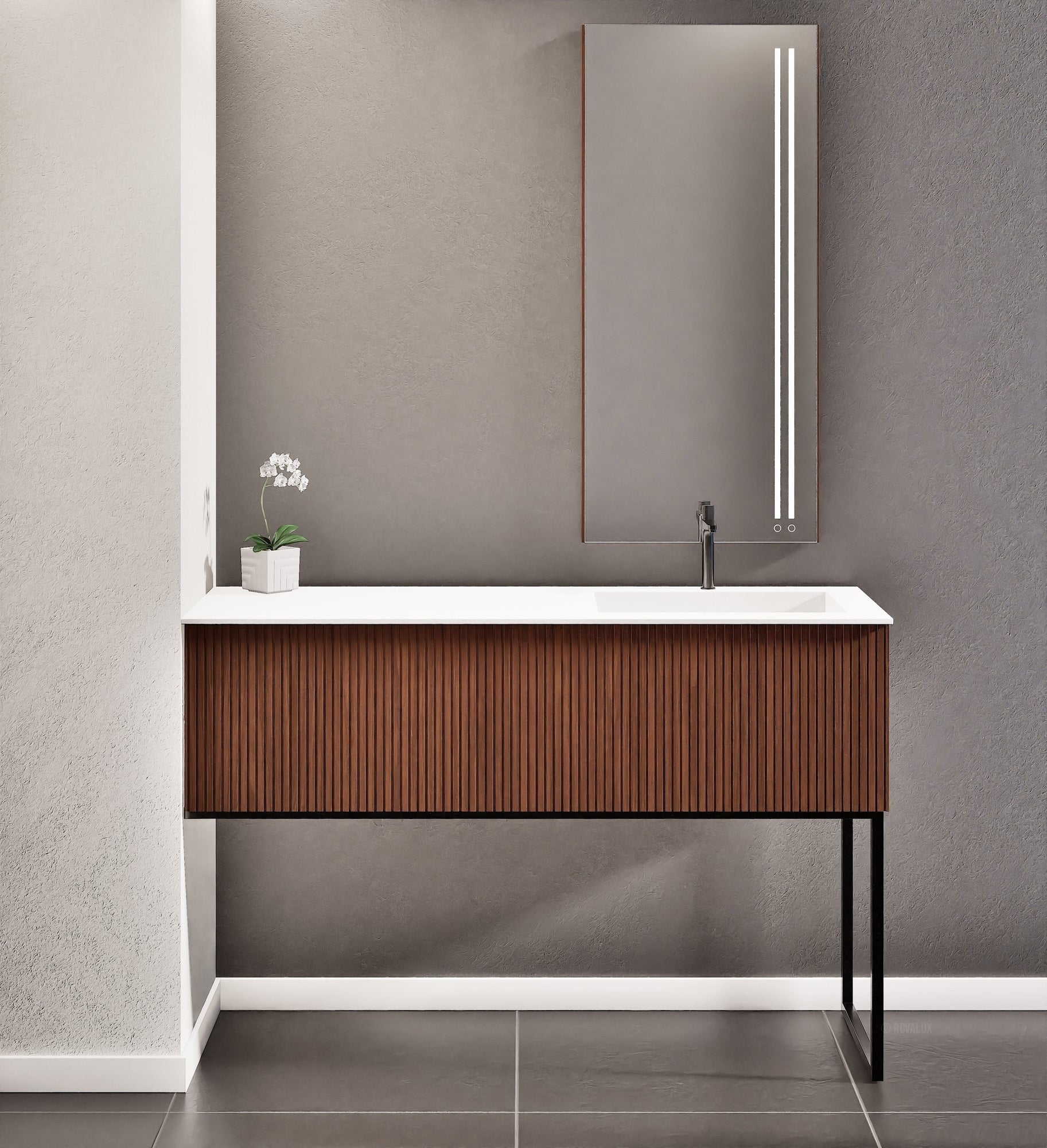 Fluvia Single Left Wall Set with Supporting Legs – Corian® Sink & Countertop with 1 Main Drawer & Concealed Inner Drawer - ROVALUX