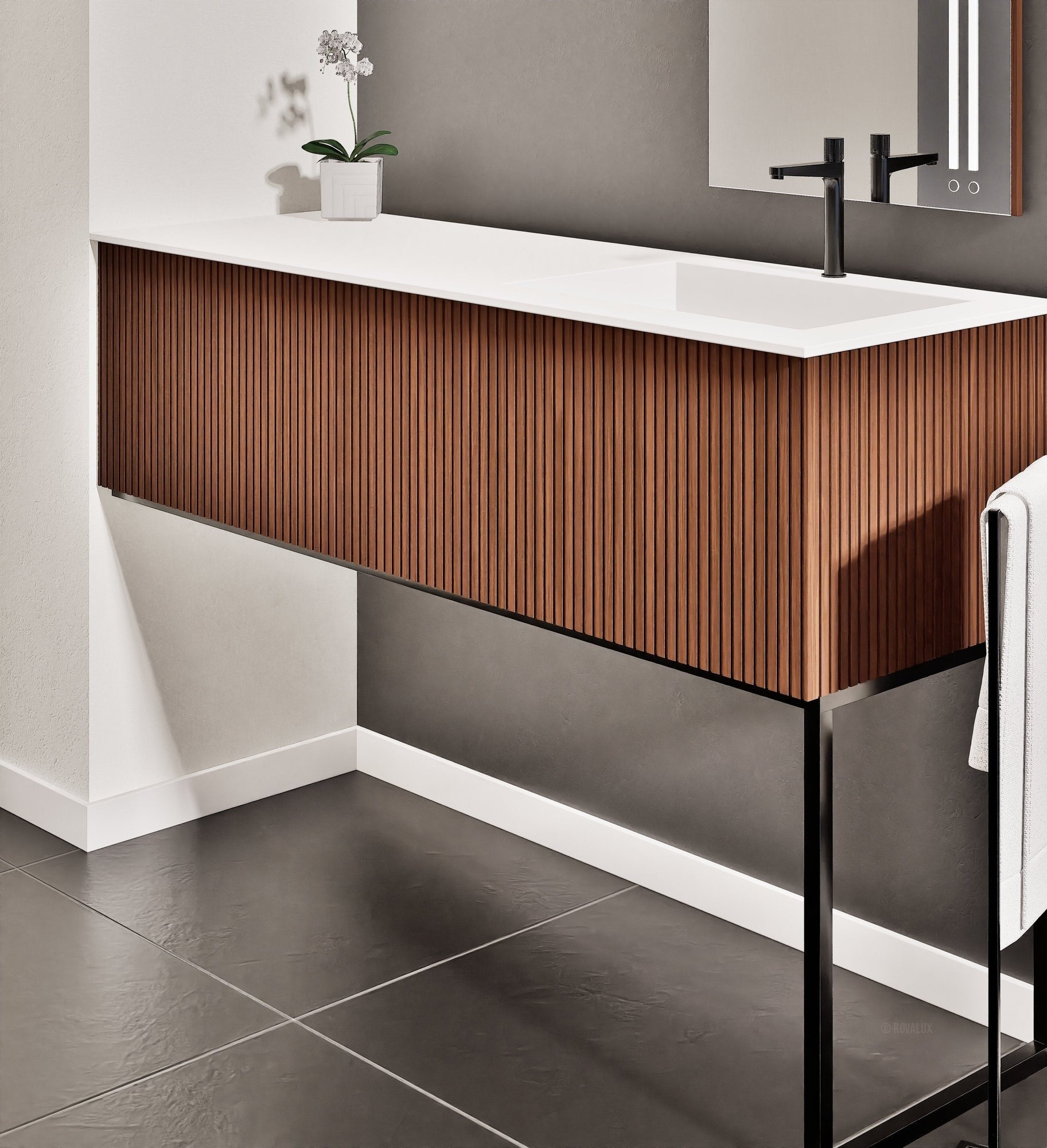 Fluvia Single Left Wall Set with Supporting Legs – Corian® Sink & Countertop with 1 Main Drawer & Concealed Inner Drawer - ROVALUX