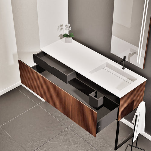 Fluvia Single Left Wall Set with Supporting Legs – Corian® Sink & Countertop with 1 Main Drawer & Concealed Inner Drawer - ROVALUX