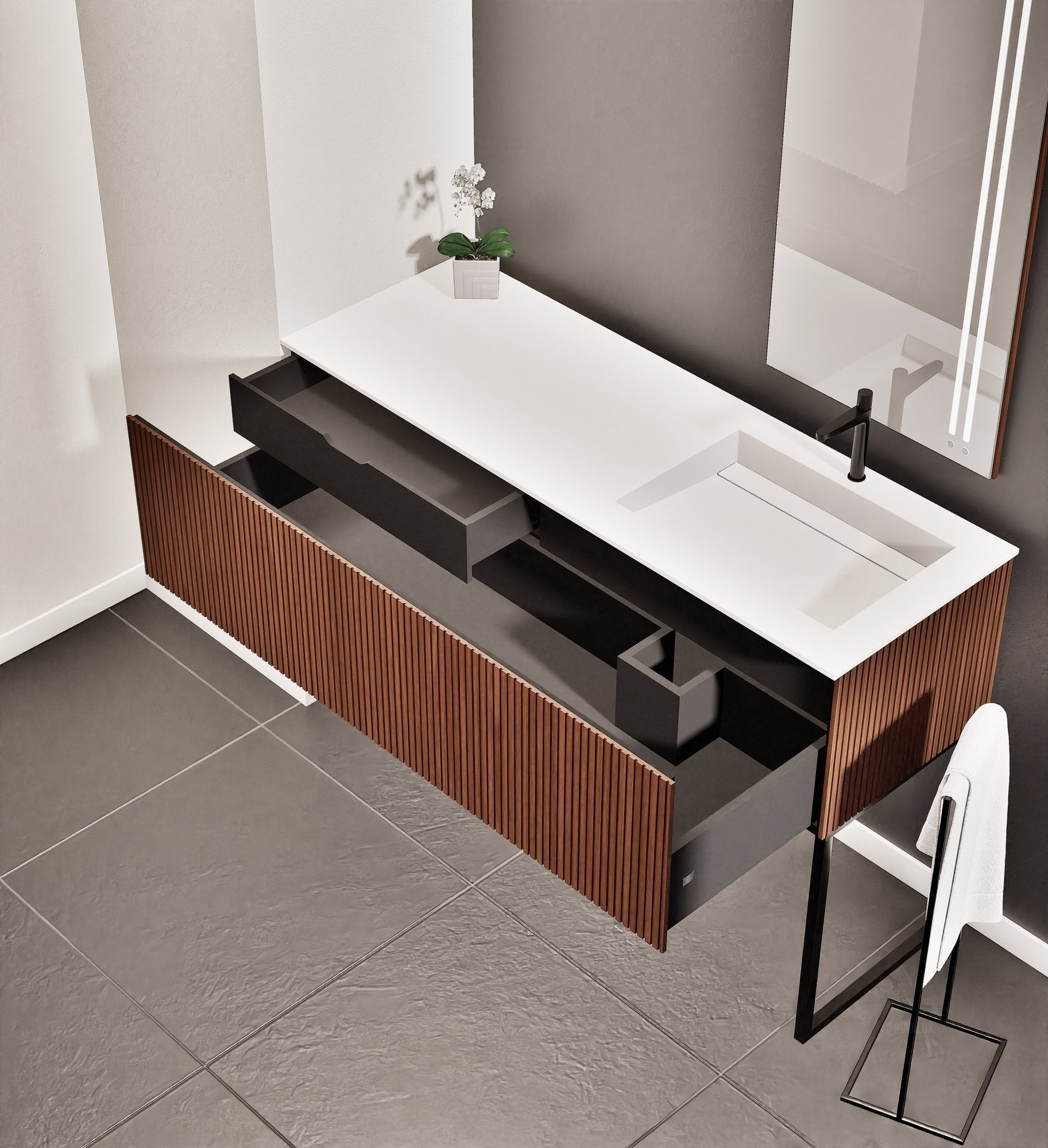 Fluvia Single Left Wall Set with Supporting Legs – Corian® Sink & Countertop with 1 Main Drawer & Concealed Inner Drawer - ROVALUX