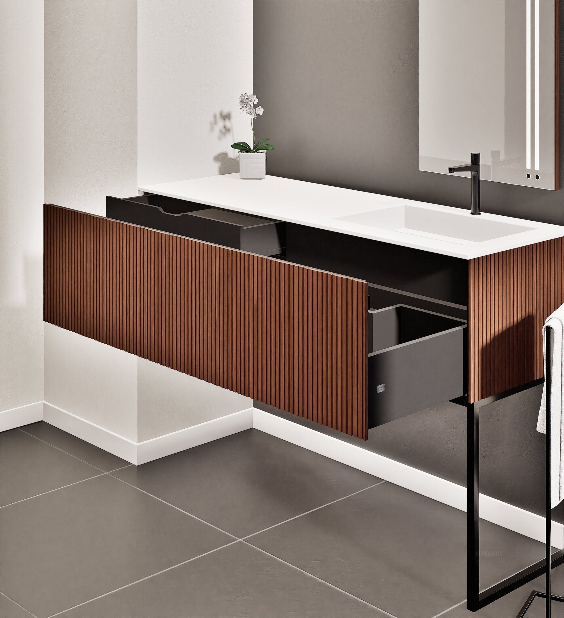 Fluvia Single Left Wall Set with Supporting Legs – Corian® Sink & Countertop with 1 Main Drawer & Concealed Inner Drawer - ROVALUX