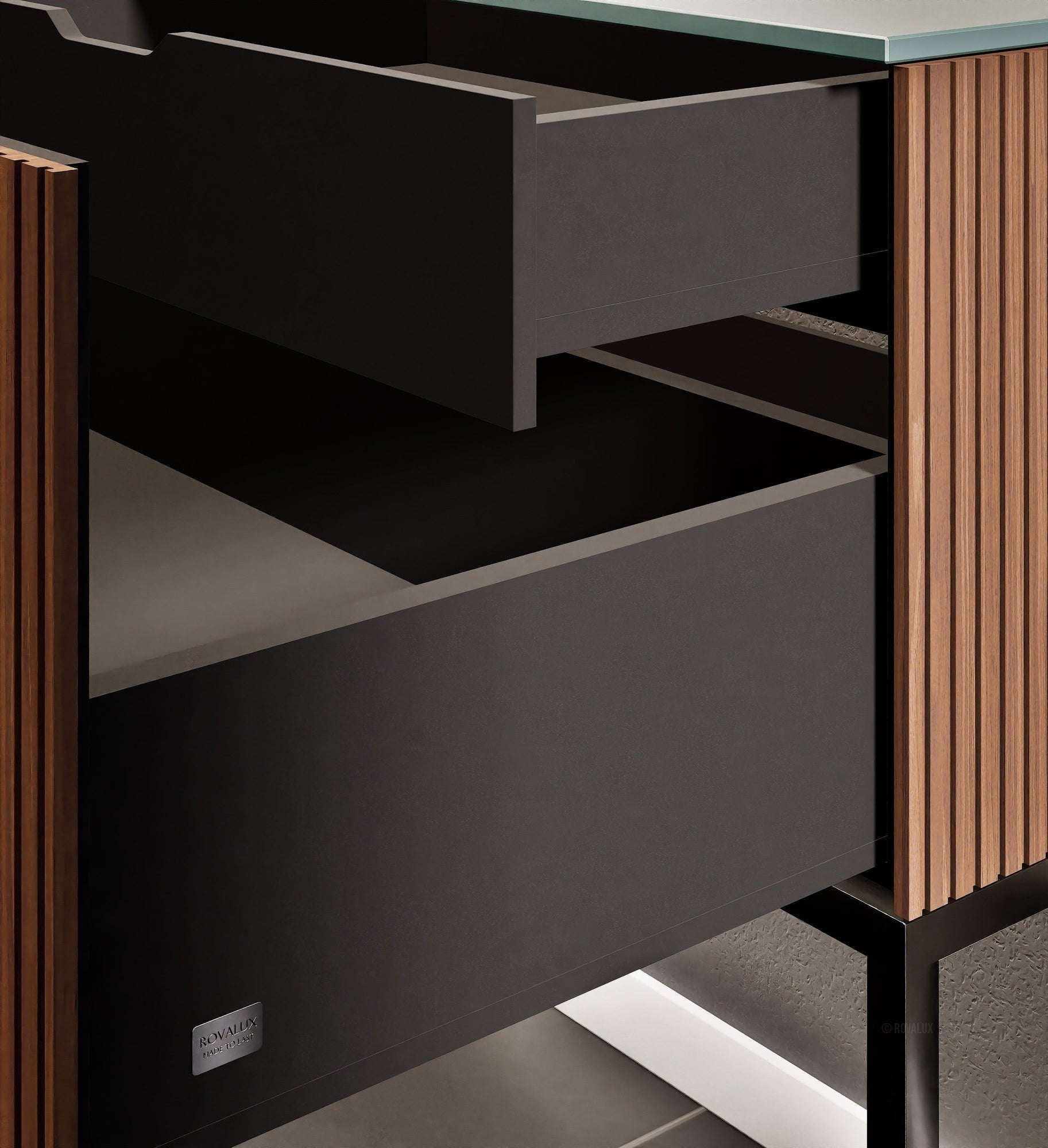 Fluvia Single Left Wall Set with Supporting Legs – Corian® Sink & Countertop with 1 Main Drawer & Concealed Inner Drawer - ROVALUX