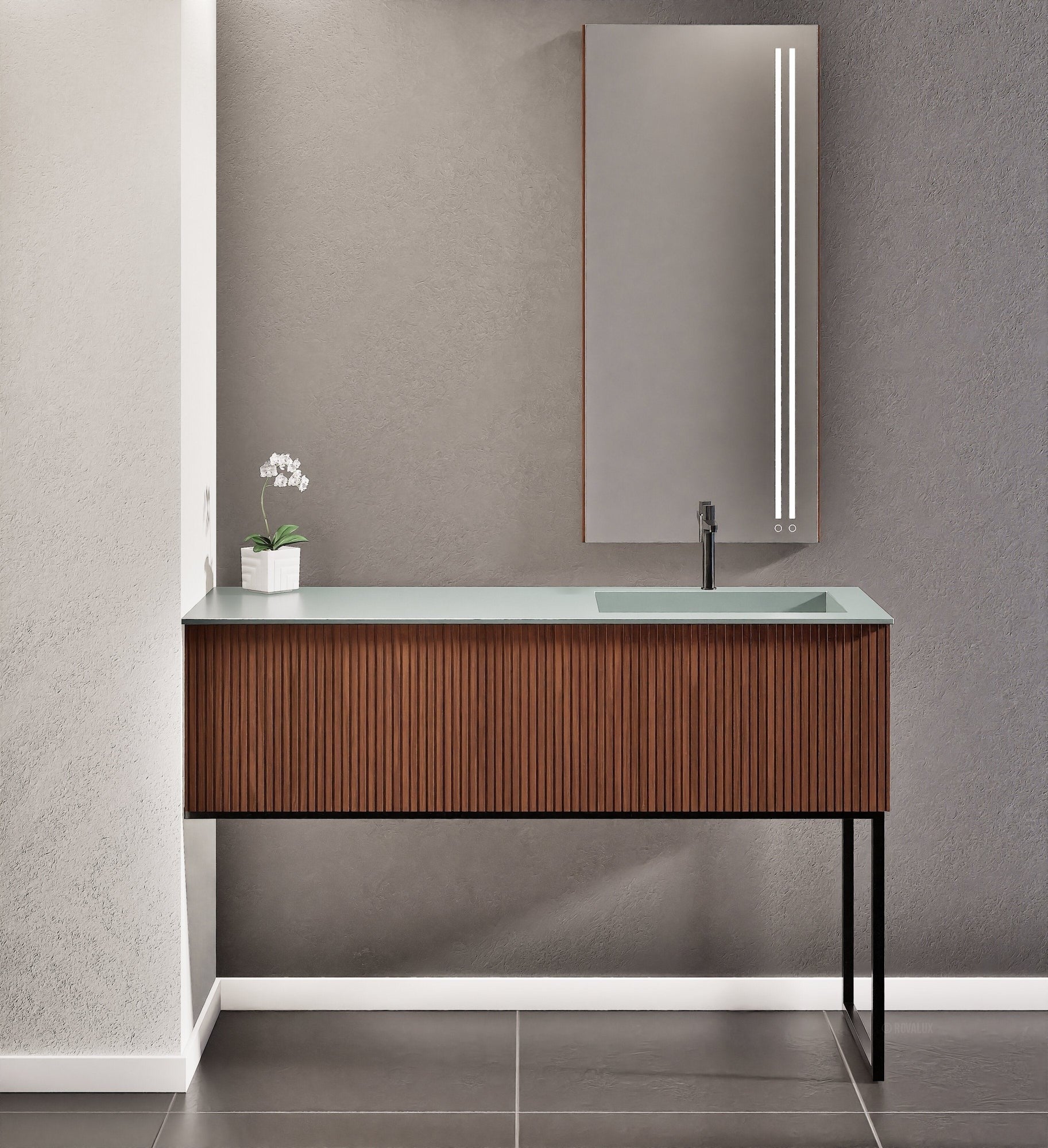 Fluvia Single Left Wall Set with Supporting Legs – Corian® Sink & Countertop with 1 Main Drawer & Concealed Inner Drawer - ROVALUX