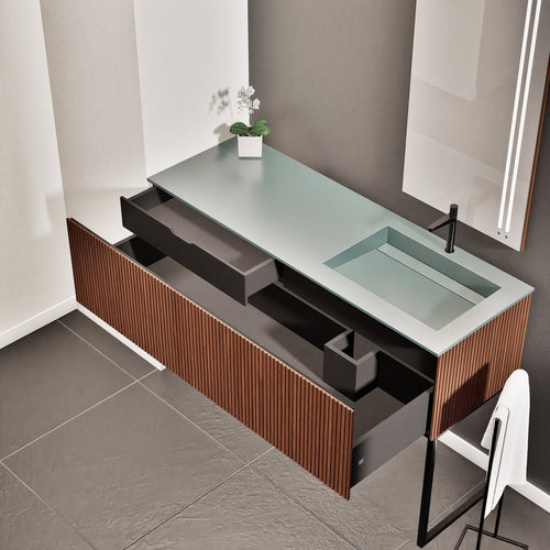 Fluvia Single Left Wall Set with Supporting Legs – Corian® Sink & Countertop with 1 Main Drawer & Concealed Inner Drawer - ROVALUX