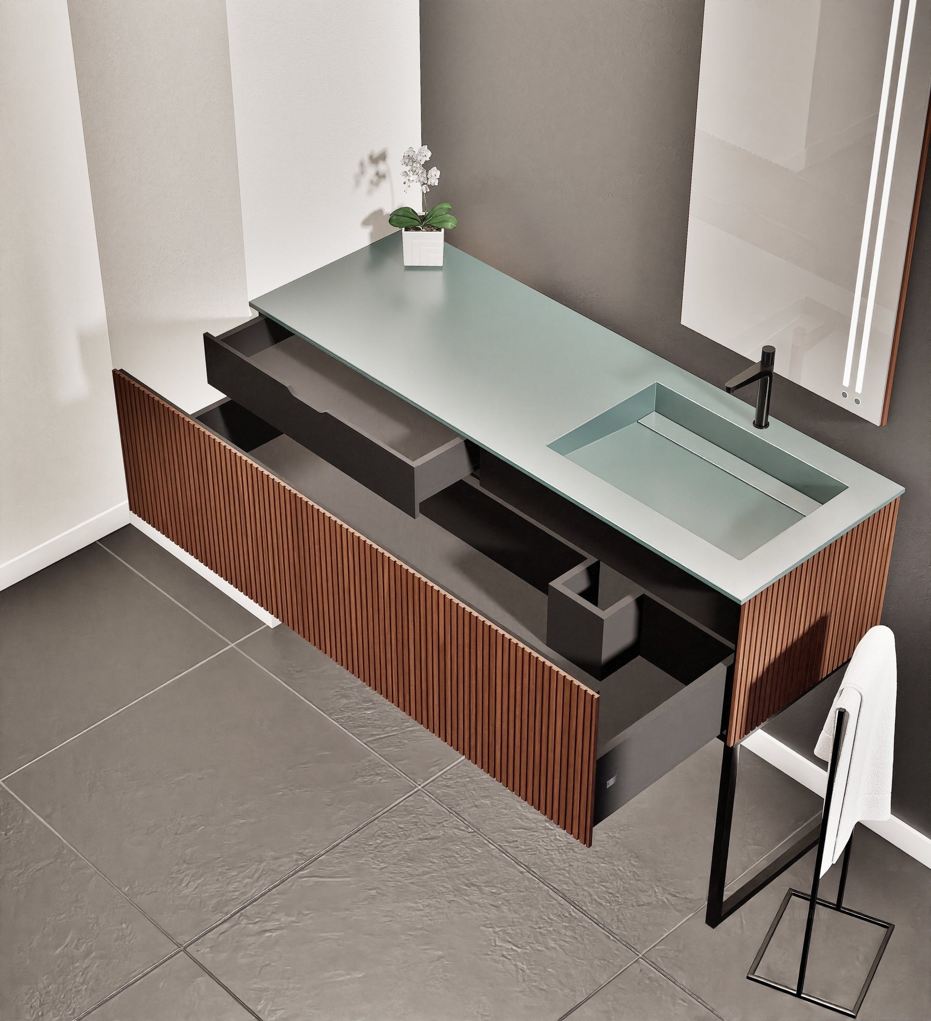Fluvia Single Left Wall Set with Supporting Legs – Corian® Sink & Countertop with 1 Main Drawer & Concealed Inner Drawer - ROVALUX