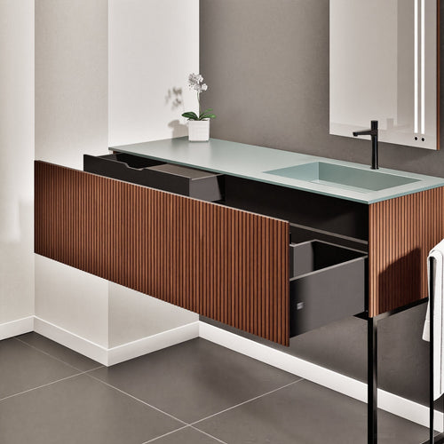 Fluvia Single Left Wall Set with Supporting Legs – Corian® Sink & Countertop with 1 Main Drawer & Concealed Inner Drawer - ROVALUX