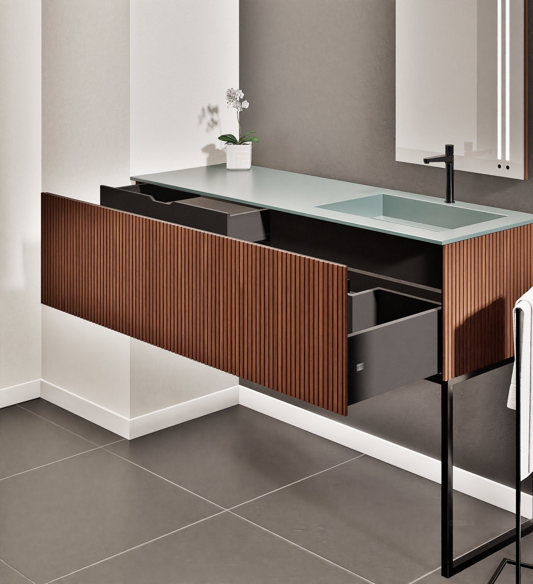 Fluvia Single Left Wall Set with Supporting Legs – Corian® Sink & Countertop with 1 Main Drawer & Concealed Inner Drawer - ROVALUX