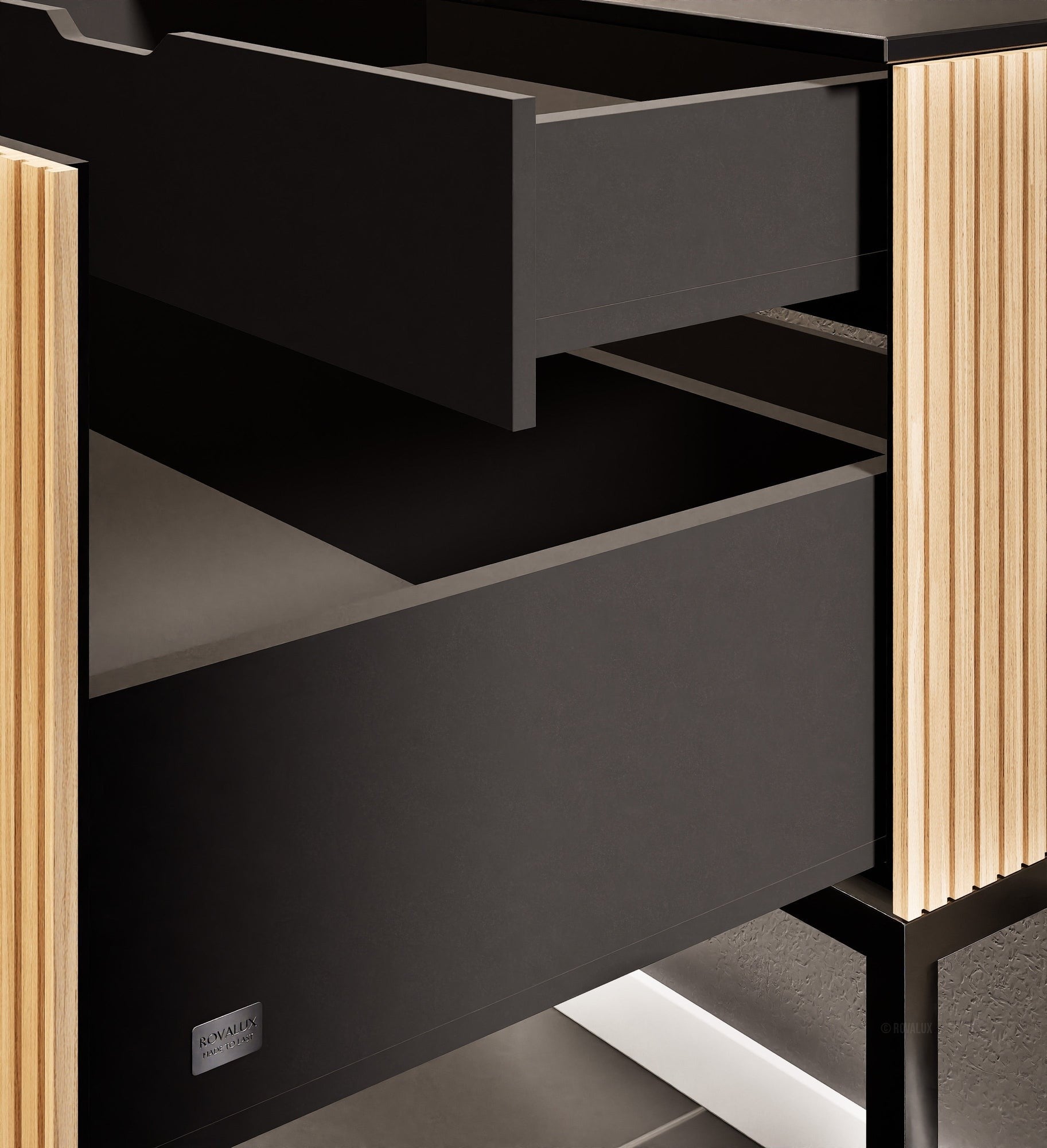 Fluvia Single Left Wall Set with Supporting Legs – Corian® Sink & Countertop with 1 Main Drawer & Concealed Inner Drawer - ROVALUX