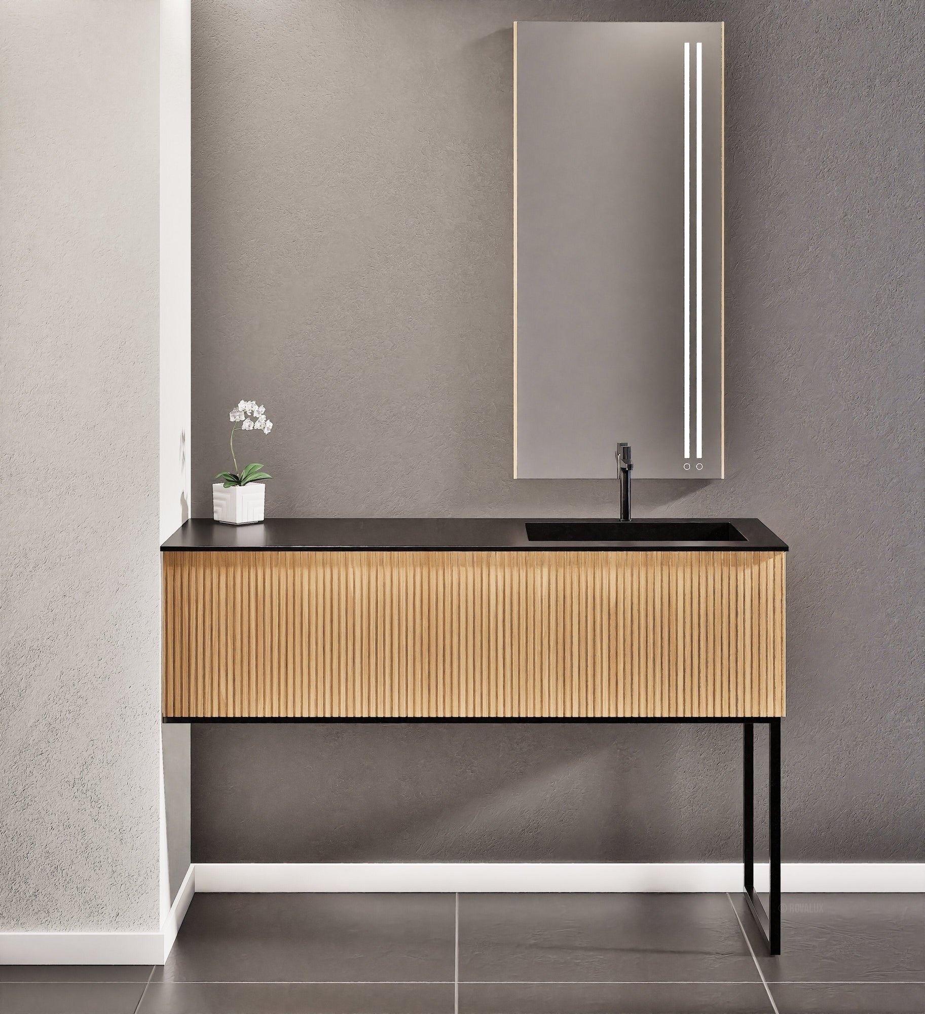 Fluvia Single Left Wall Set with Supporting Legs – Corian® Sink & Countertop with 1 Main Drawer & Concealed Inner Drawer - ROVALUX