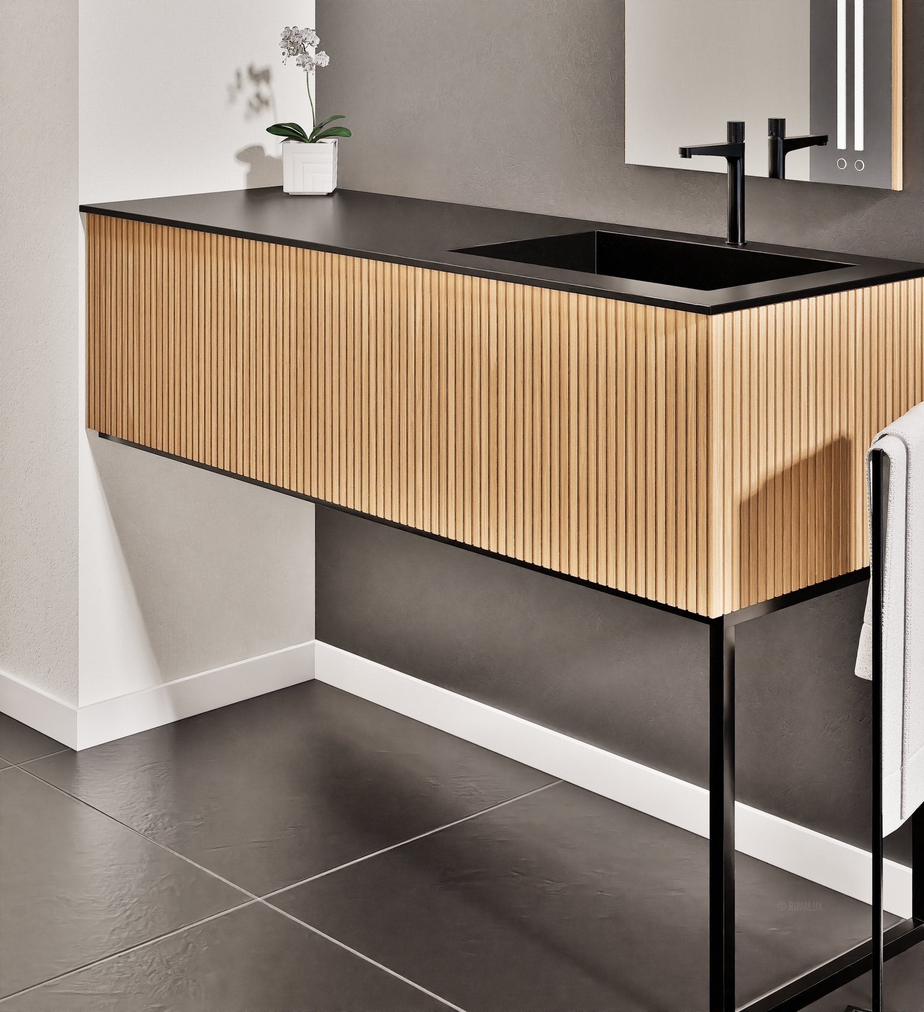 Fluvia Single Left Wall Set with Supporting Legs – Corian® Sink & Countertop with 1 Main Drawer & Concealed Inner Drawer - ROVALUX