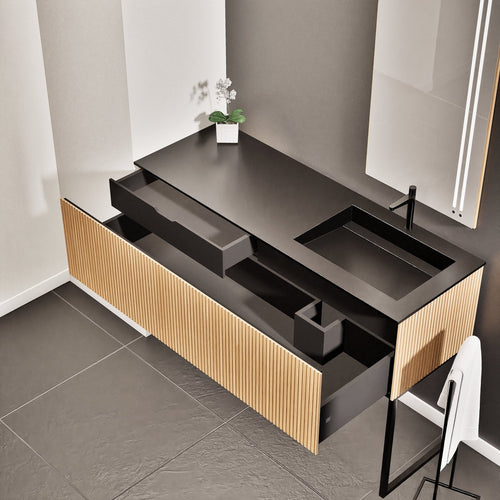 Fluvia Single Left Wall Set with Supporting Legs – Corian® Sink & Countertop with 1 Main Drawer & Concealed Inner Drawer - ROVALUX