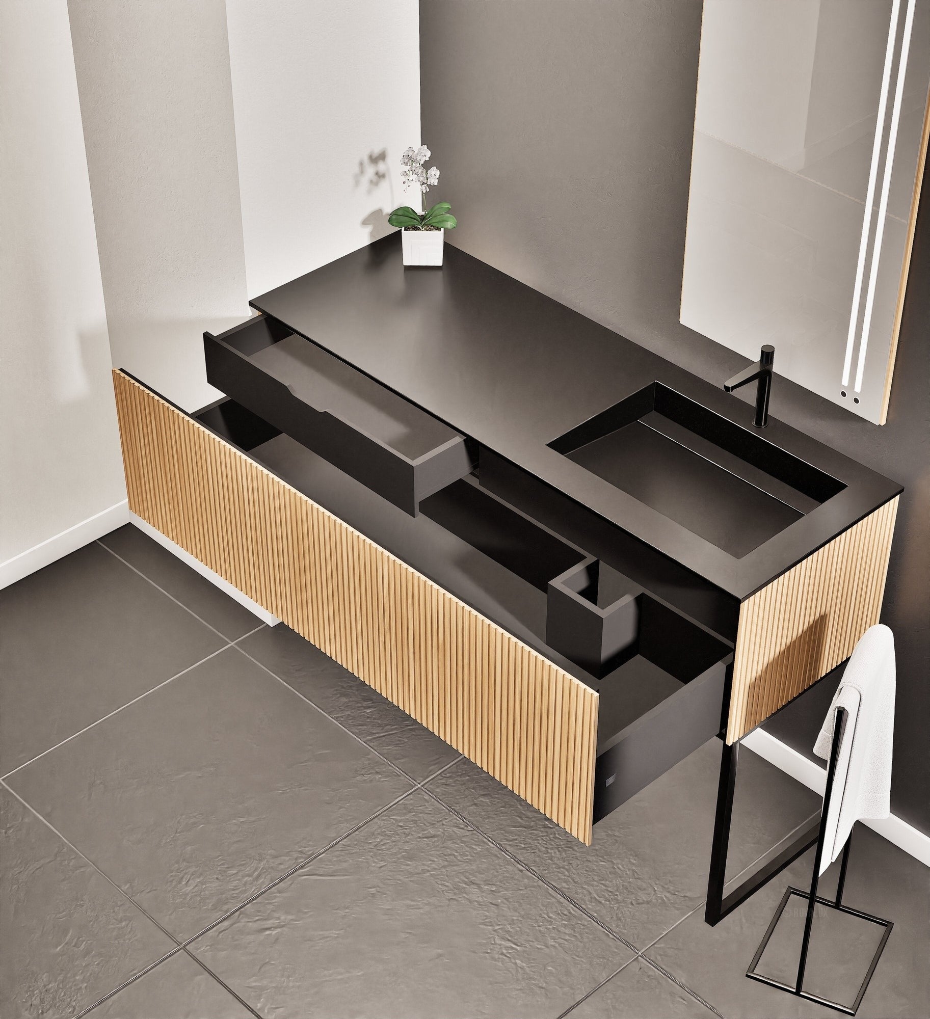 Fluvia Single Left Wall Set with Supporting Legs – Corian® Sink & Countertop with 1 Main Drawer & Concealed Inner Drawer - ROVALUX