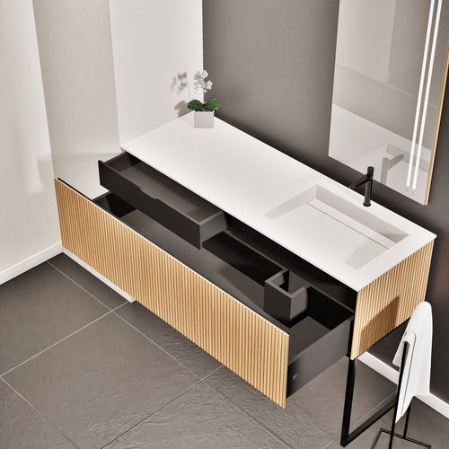 Fluvia Single Left Wall Set with Supporting Legs – Corian® Sink & Countertop with 1 Main Drawer & Concealed Inner Drawer - ROVALUX
