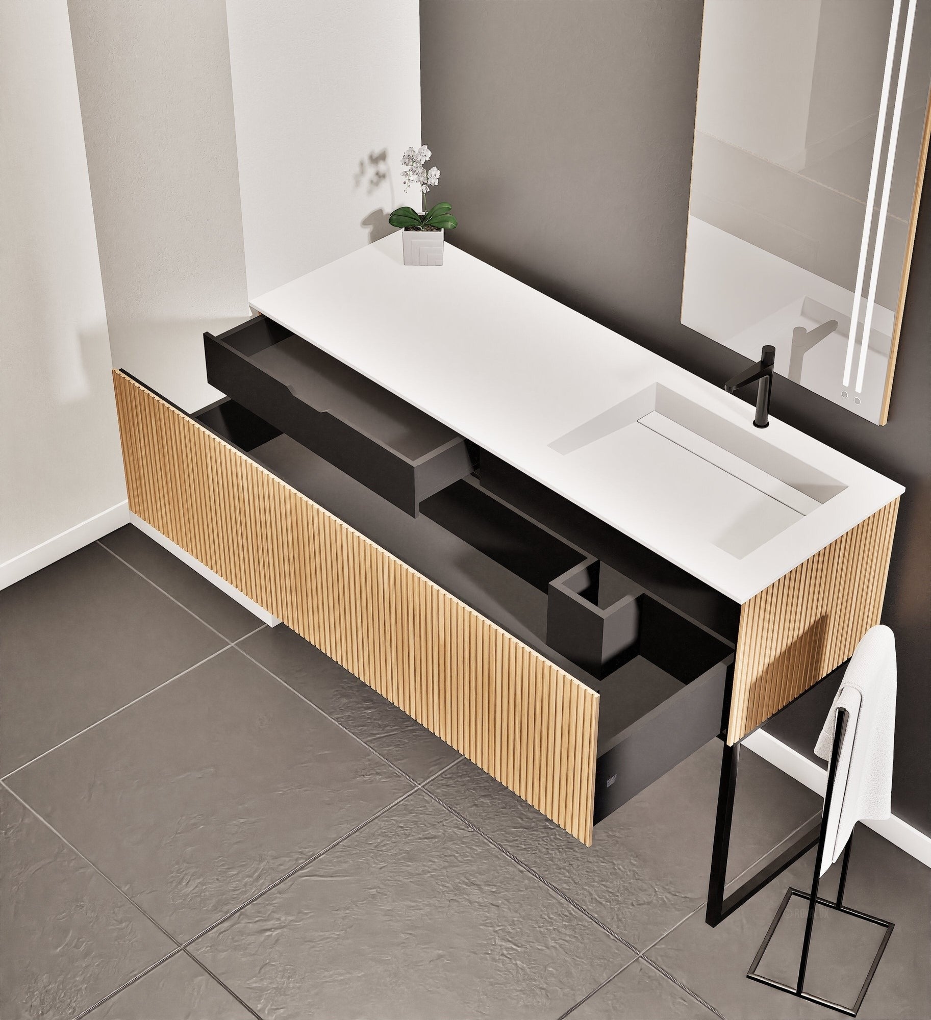 Fluvia Single Left Wall Set with Supporting Legs – Corian® Sink & Countertop with 1 Main Drawer & Concealed Inner Drawer - ROVALUX
