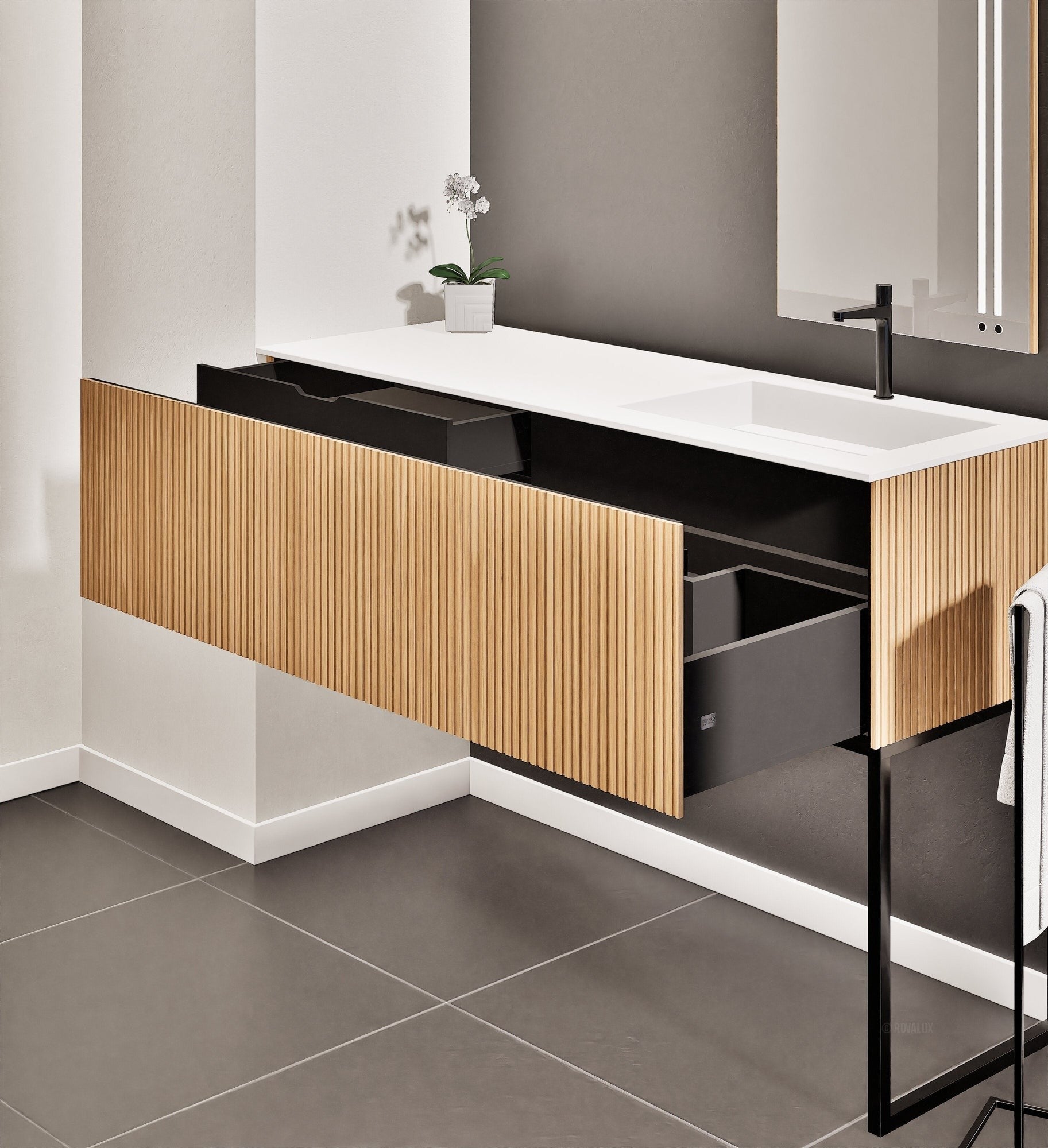 Fluvia Single Left Wall Set with Supporting Legs – Corian® Sink & Countertop with 1 Main Drawer & Concealed Inner Drawer - ROVALUX