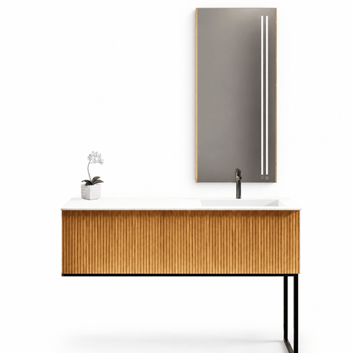Fluvia – Corian® Basin Unit with 1 Drawer and Inner Pull-Out Drawer, Left Side Wall-Mounted with Support Feet - ROVALUX