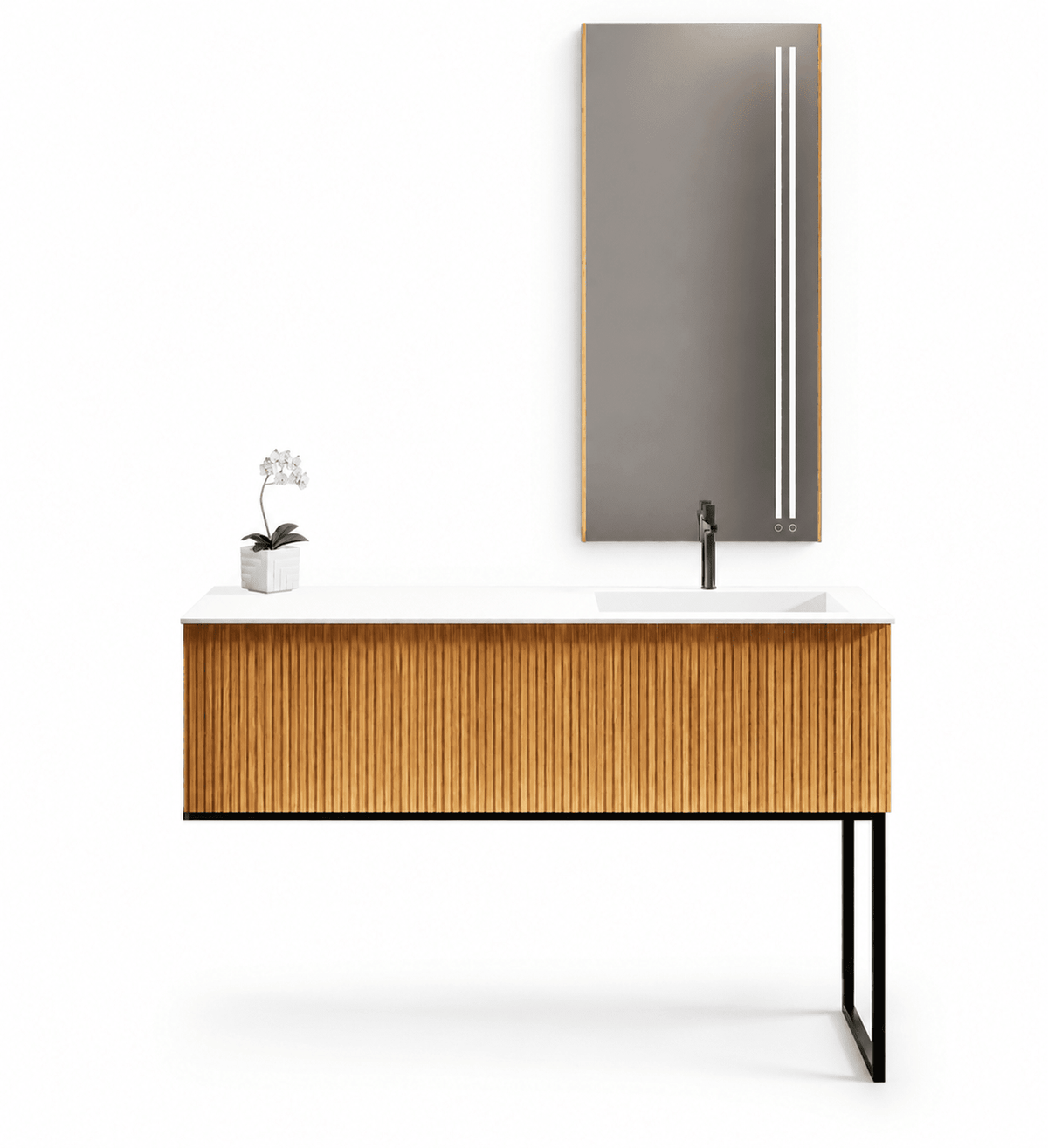 Fluvia – Corian® Basin Unit with 1 Drawer and Inner Pull-Out Drawer, Left Side Wall-Mounted with Support Feet - ROVALUX
