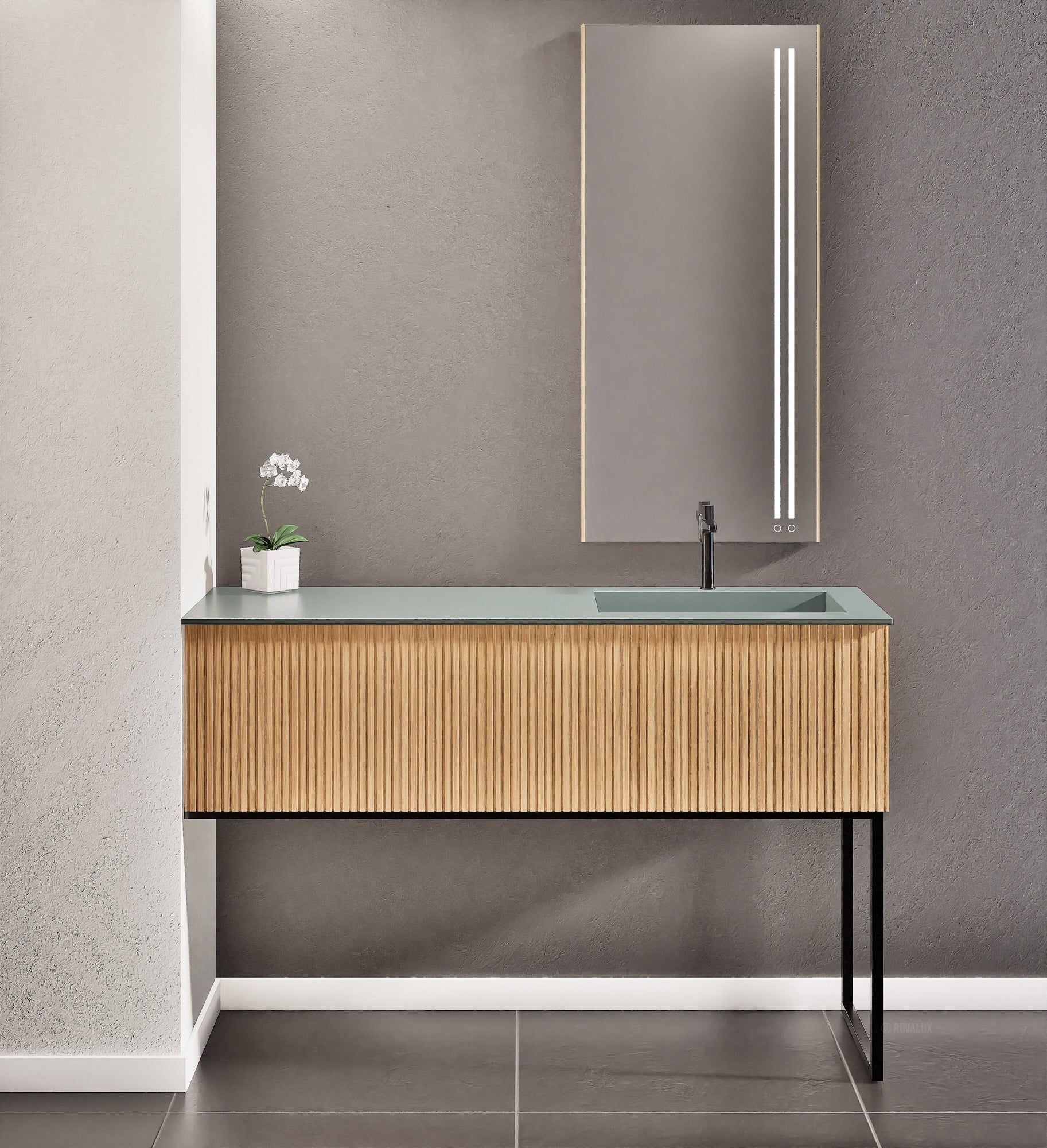 Fluvia Single Left Wall Set with Supporting Legs – Corian® Sink & Countertop with 1 Main Drawer & Concealed Inner Drawer - ROVALUX