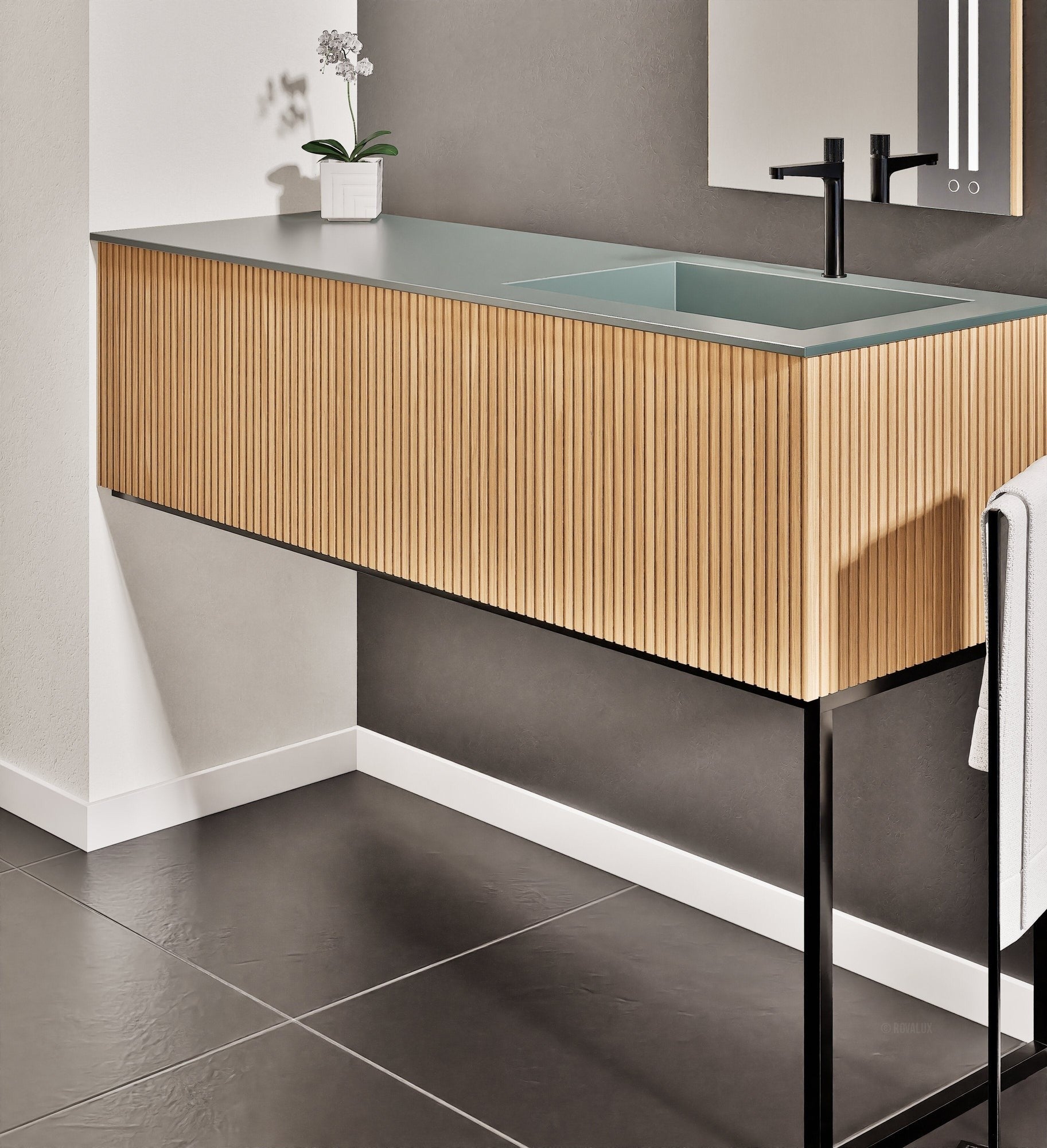Fluvia Single Left Wall Set with Supporting Legs – Corian® Sink & Countertop with 1 Main Drawer & Concealed Inner Drawer - ROVALUX