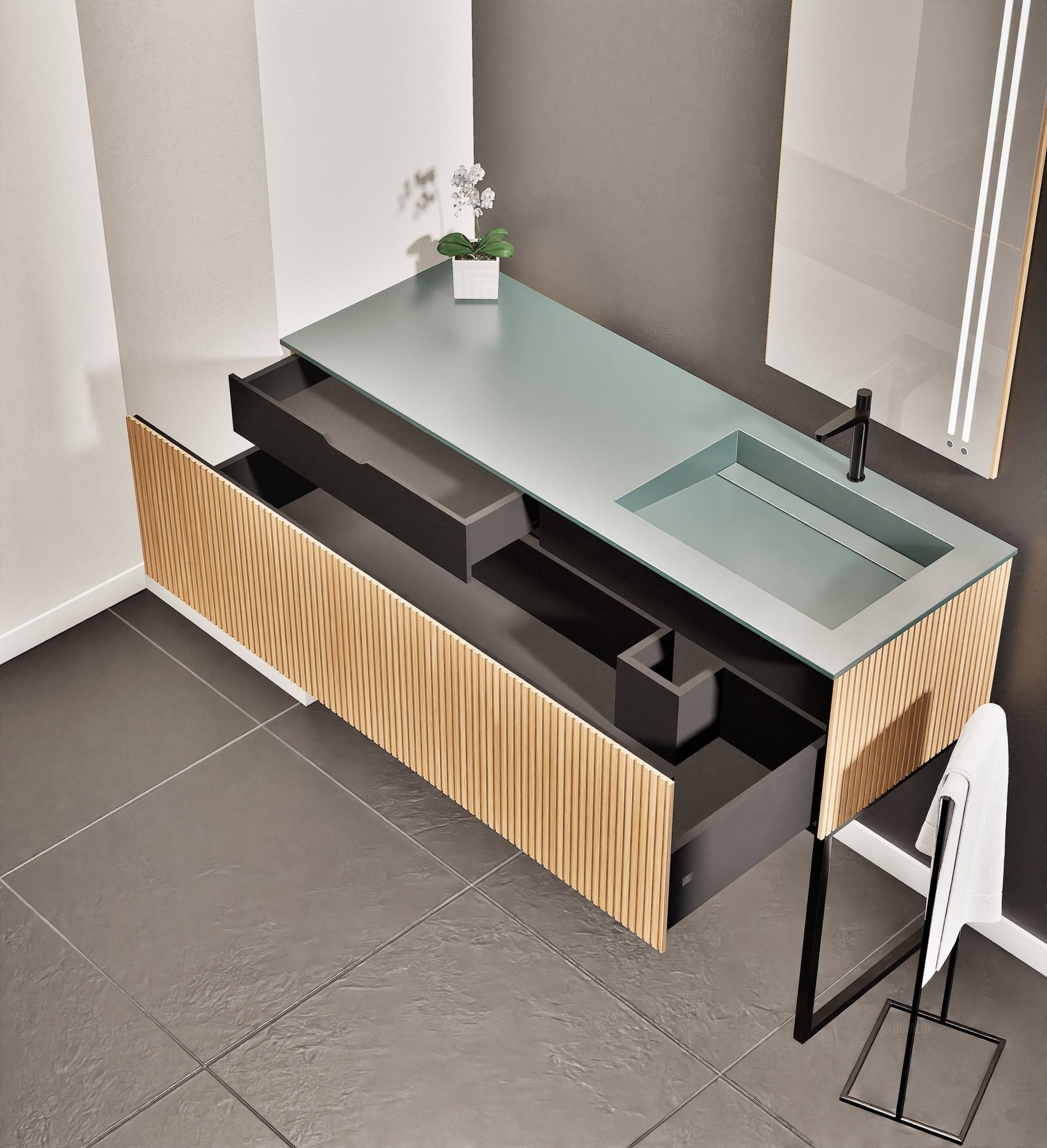 Fluvia Single Left Wall Set with Supporting Legs – Corian® Sink & Countertop with 1 Main Drawer & Concealed Inner Drawer - ROVALUX