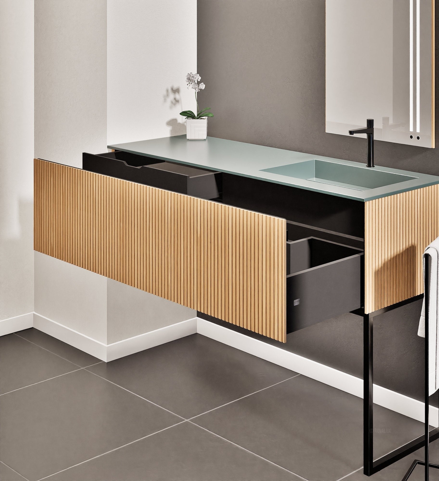 Fluvia Single Left Wall Set with Supporting Legs – Corian® Sink & Countertop with 1 Main Drawer & Concealed Inner Drawer - ROVALUX