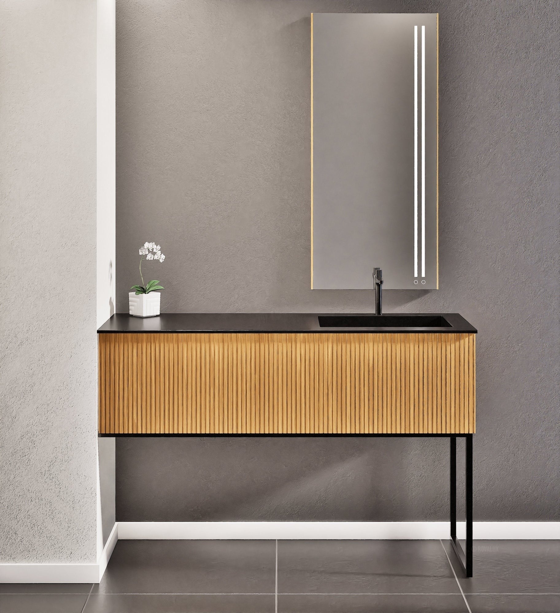 Fluvia Single Left Wall Set with Supporting Legs – Corian® Sink & Countertop with 1 Main Drawer & Concealed Inner Drawer - ROVALUX