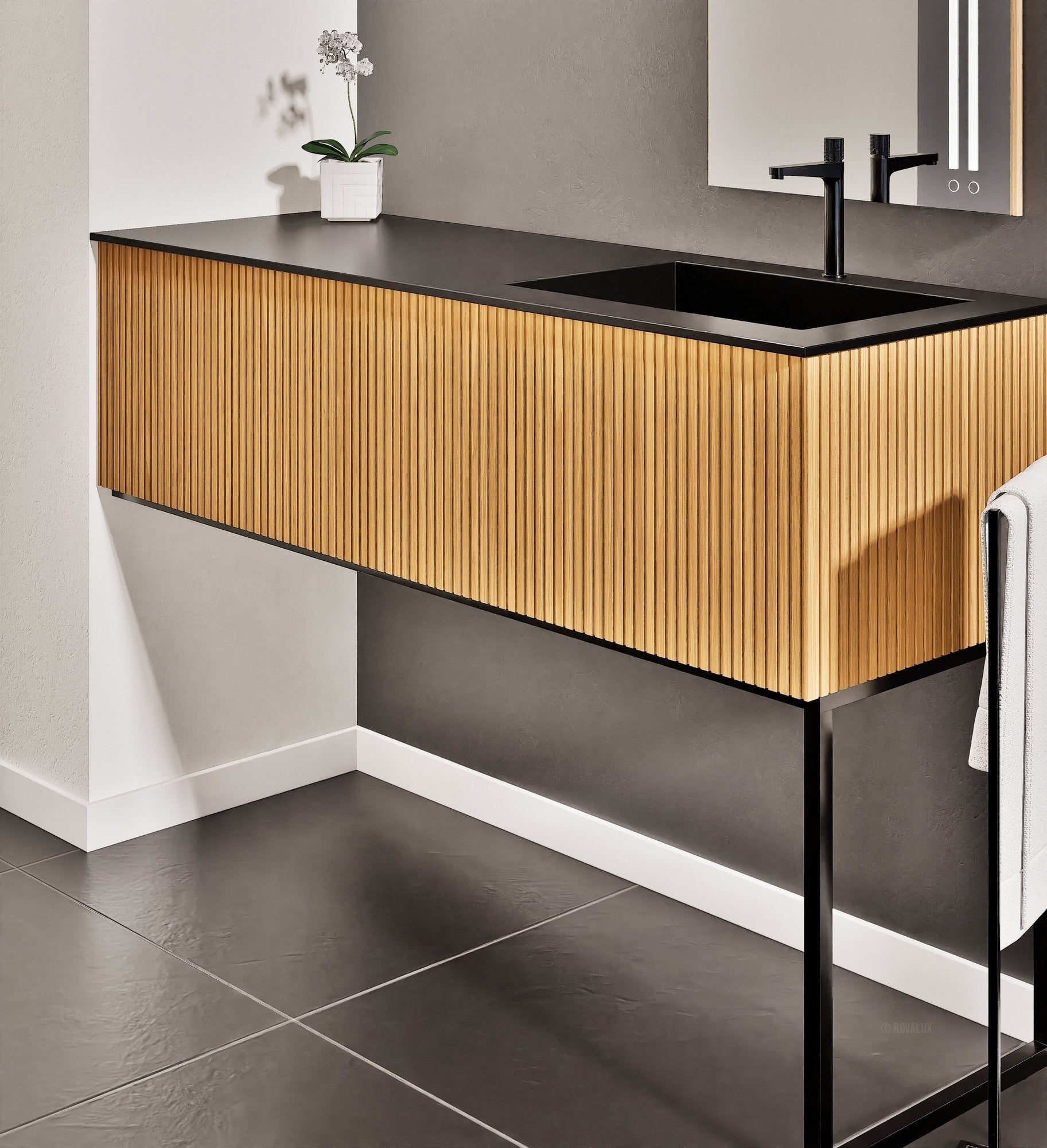 Fluvia Single Left Wall Set with Supporting Legs – Corian® Sink & Countertop with 1 Main Drawer & Concealed Inner Drawer - ROVALUX