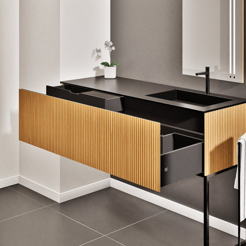 Fluvia Single Left Wall Set with Supporting Legs – Corian® Sink & Countertop with 1 Main Drawer & Concealed Inner Drawer - ROVALUX