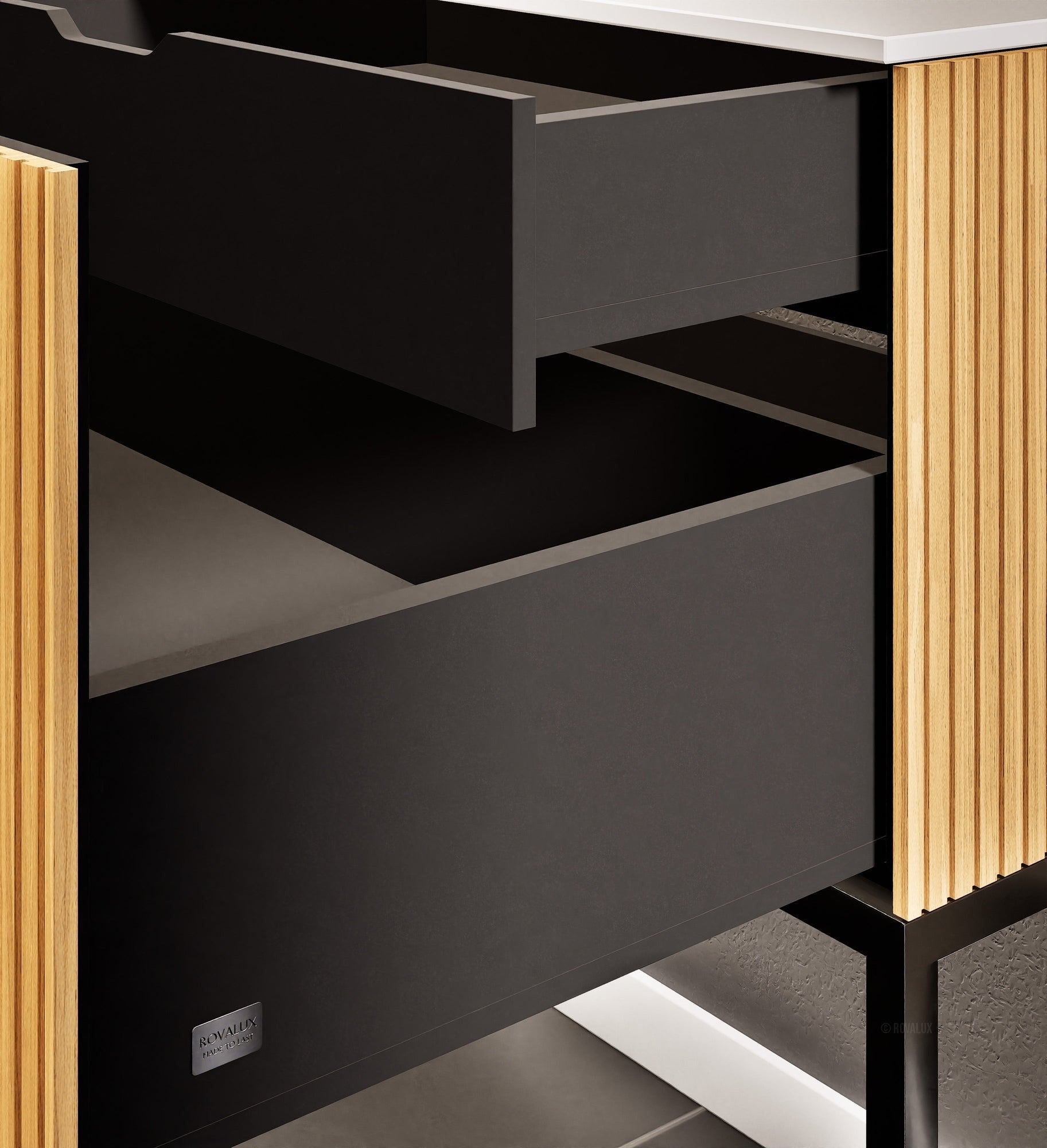 Fluvia Single Left Wall Set with Supporting Legs – Corian® Sink & Countertop with 1 Main Drawer & Concealed Inner Drawer - ROVALUX