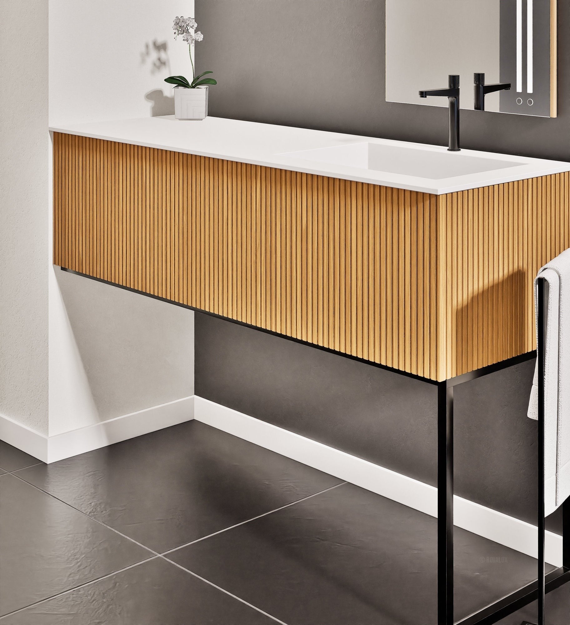 Fluvia Single Left Wall Set with Supporting Legs – Corian® Sink & Countertop with 1 Main Drawer & Concealed Inner Drawer - ROVALUX