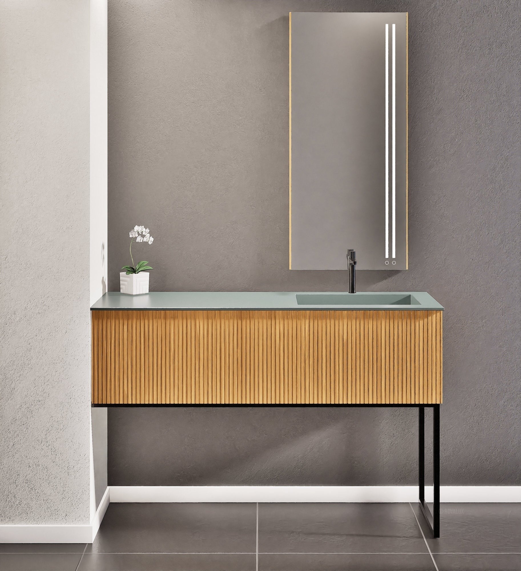Fluvia Single Left Wall Set with Supporting Legs – Corian® Sink & Countertop with 1 Main Drawer & Concealed Inner Drawer - ROVALUX