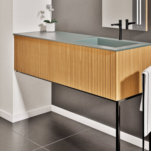 Fluvia Single Left Wall Set with Supporting Legs – Corian® Sink & Countertop with 1 Main Drawer & Concealed Inner Drawer - ROVALUX