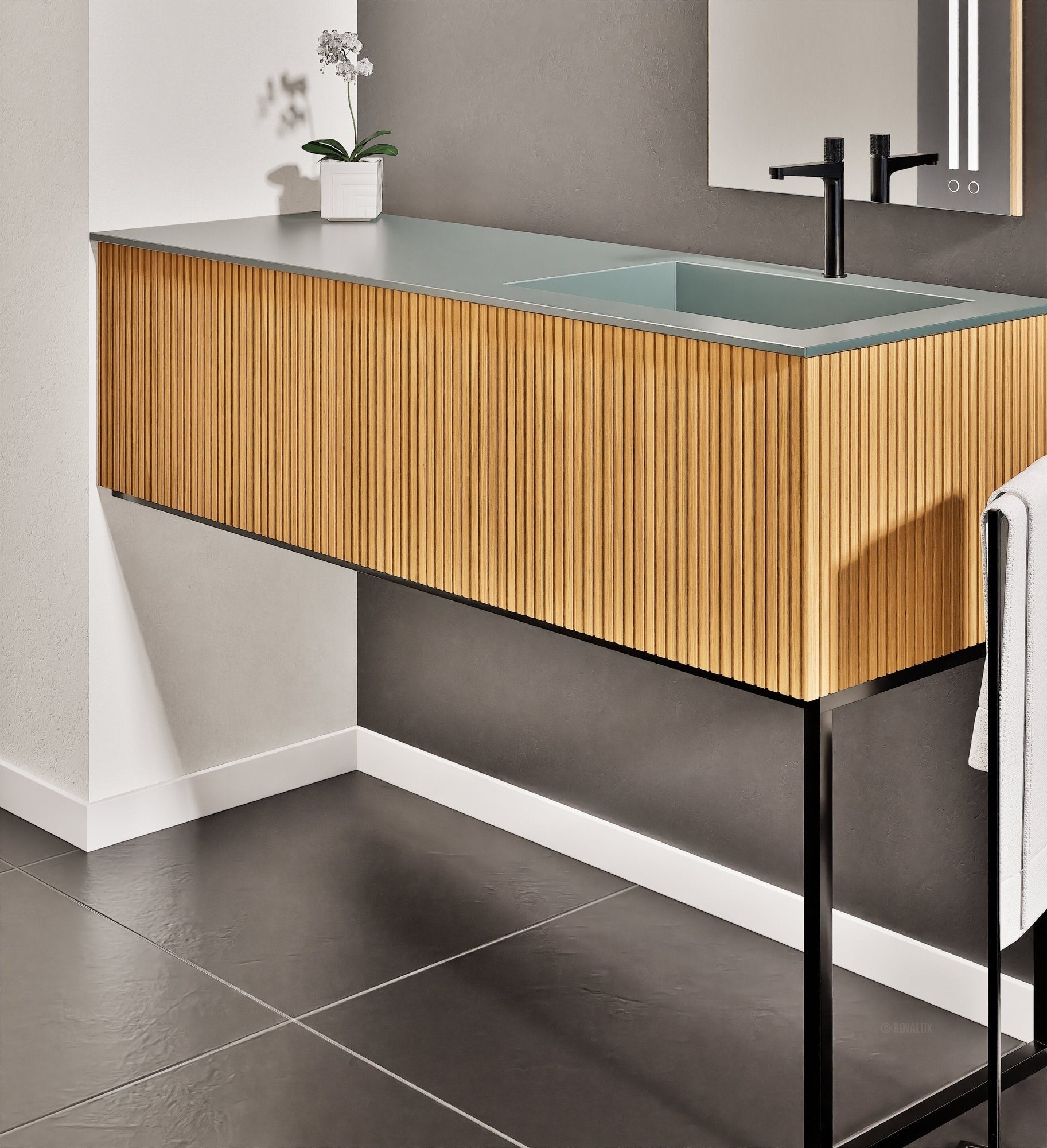 Fluvia Single Left Wall Set with Supporting Legs – Corian® Sink & Countertop with 1 Main Drawer & Concealed Inner Drawer - ROVALUX