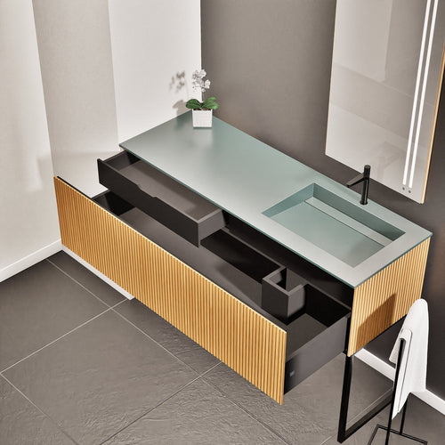Fluvia Single Left Wall Set with Supporting Legs – Corian® Sink & Countertop with 1 Main Drawer & Concealed Inner Drawer - ROVALUX