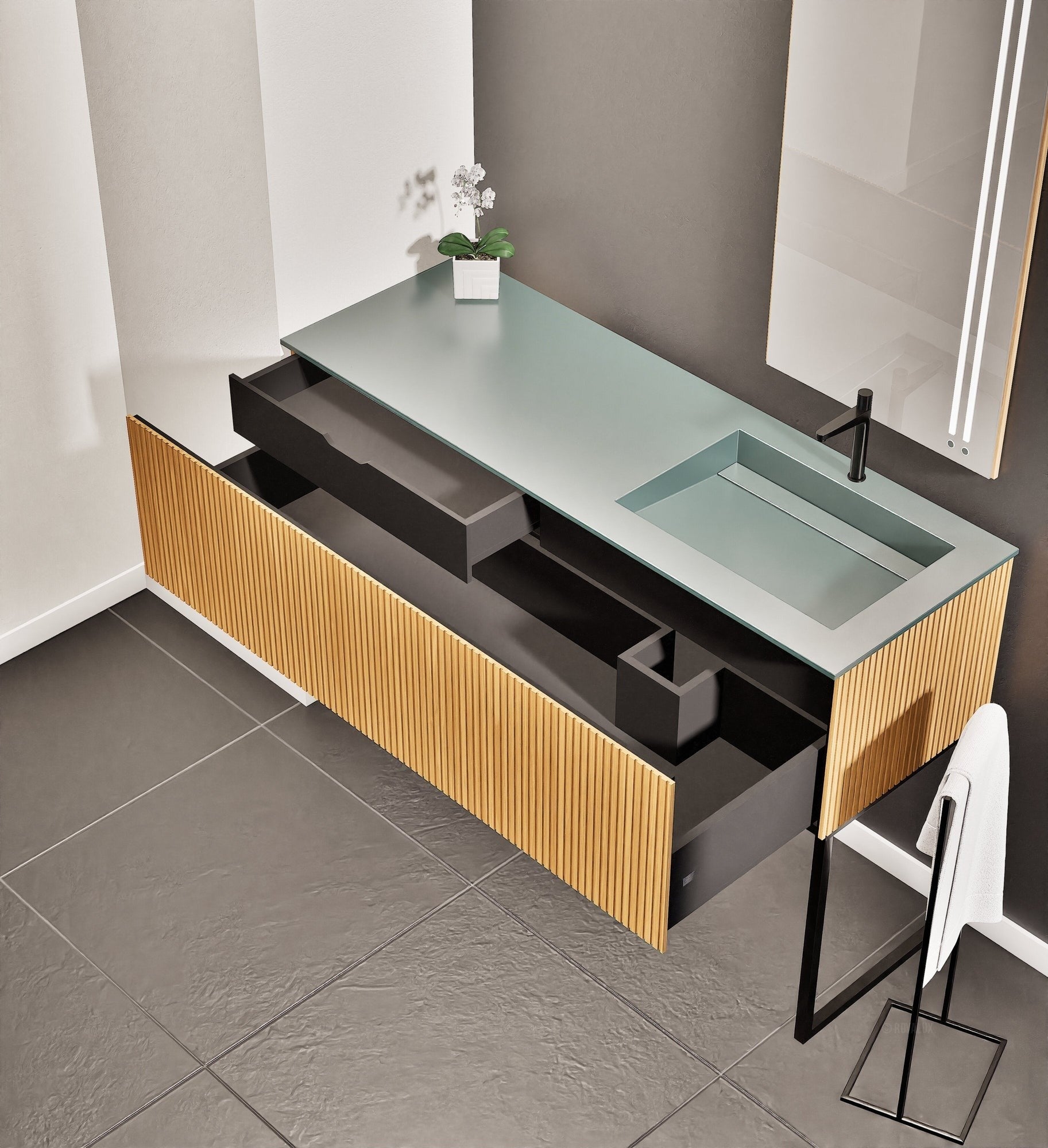 Fluvia Single Left Wall Set with Supporting Legs – Corian® Sink & Countertop with 1 Main Drawer & Concealed Inner Drawer - ROVALUX