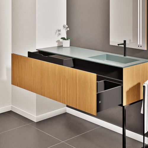 Fluvia Single Left Wall Set with Supporting Legs – Corian® Sink & Countertop with 1 Main Drawer & Concealed Inner Drawer - ROVALUX