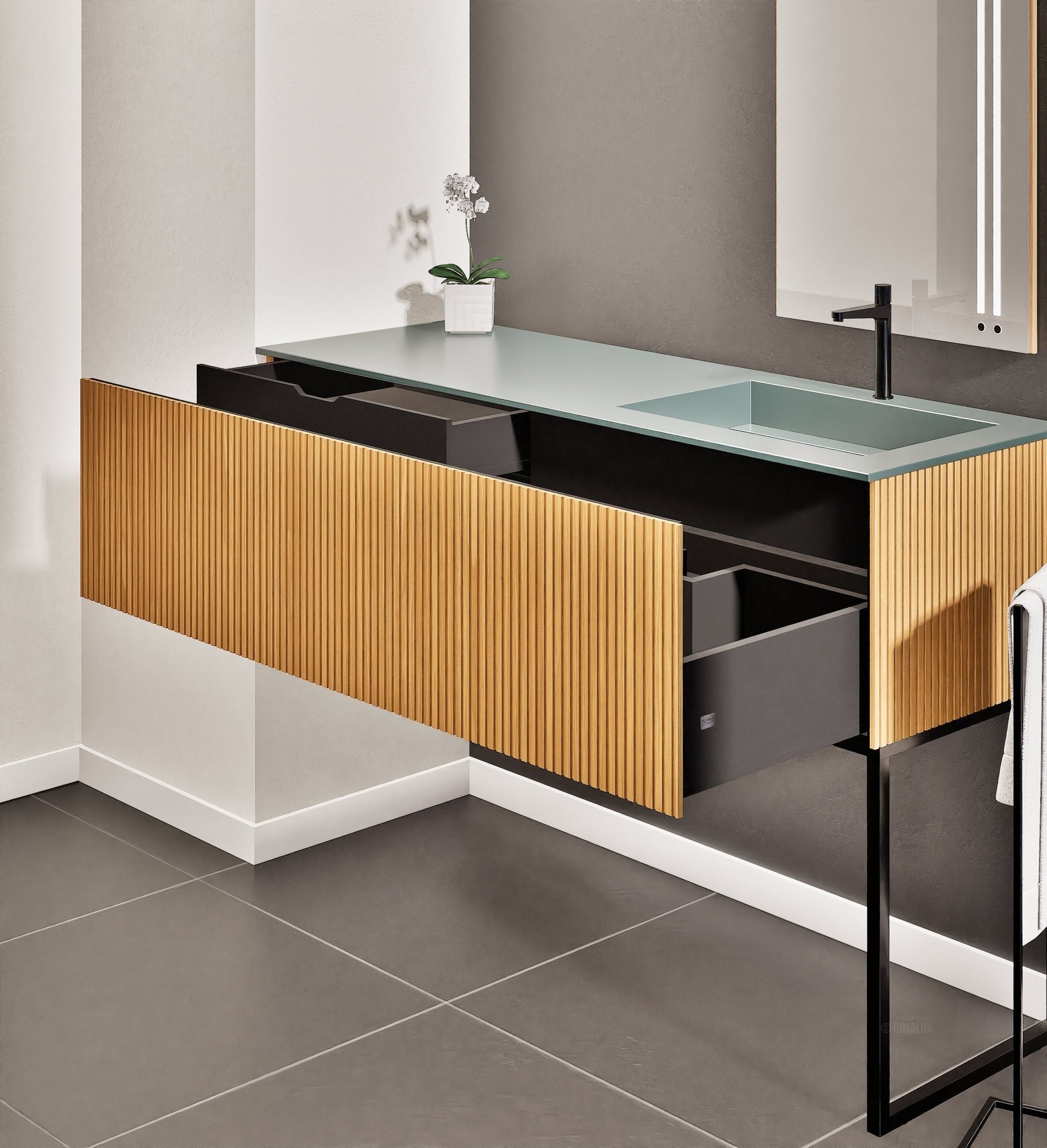 Fluvia Single Left Wall Set with Supporting Legs – Corian® Sink & Countertop with 1 Main Drawer & Concealed Inner Drawer - ROVALUX