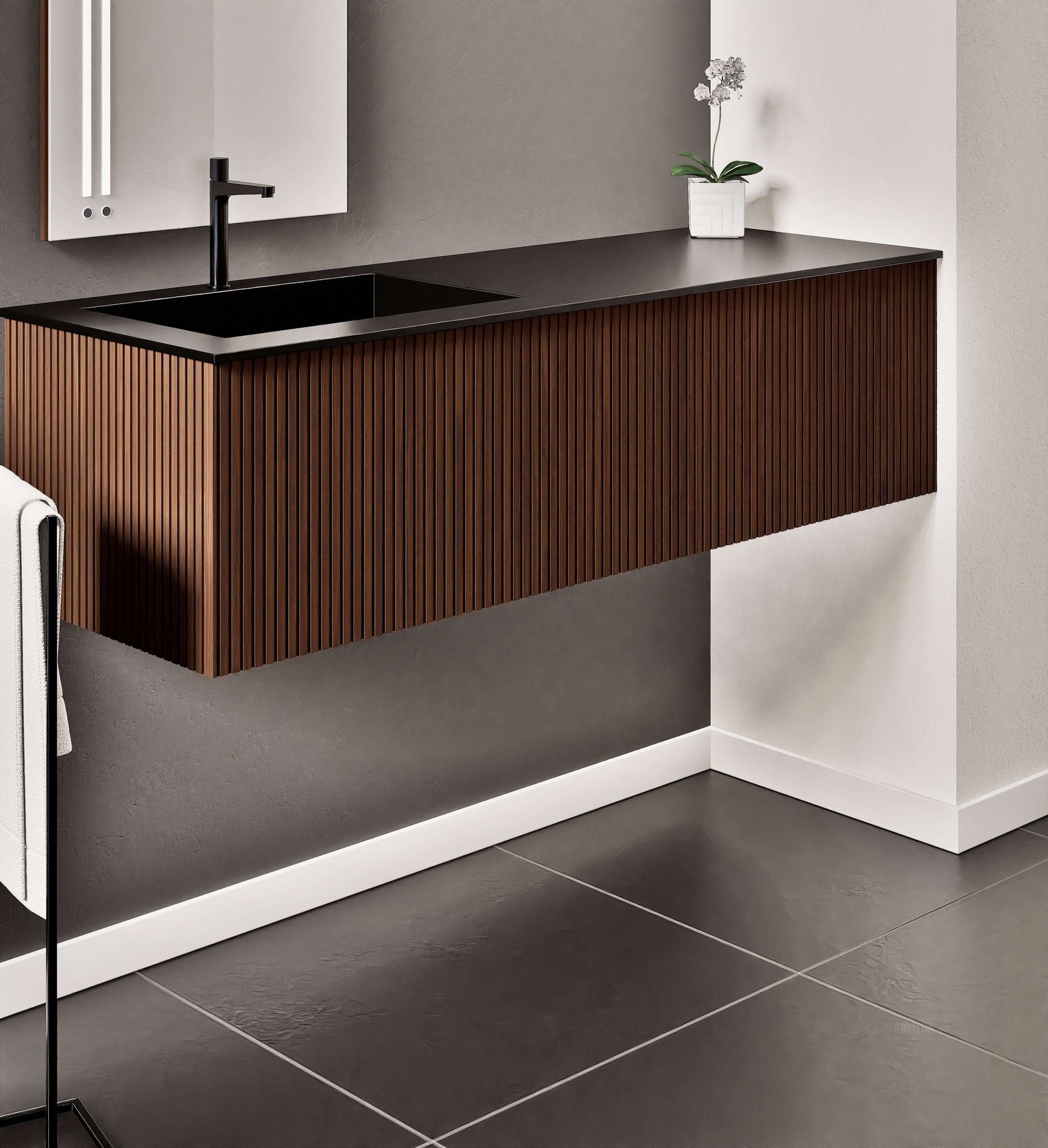 Fluvia Single Right Wall Set – Corian® Sink & Countertop with 1 Main Drawer & Concealed Inner Drawer - ROVALUX
