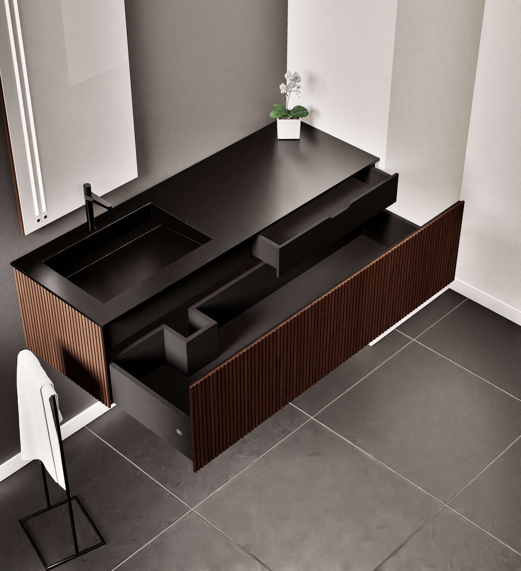 Fluvia Single Right Wall Set – Corian® Sink & Countertop with 1 Main Drawer & Concealed Inner Drawer - ROVALUX