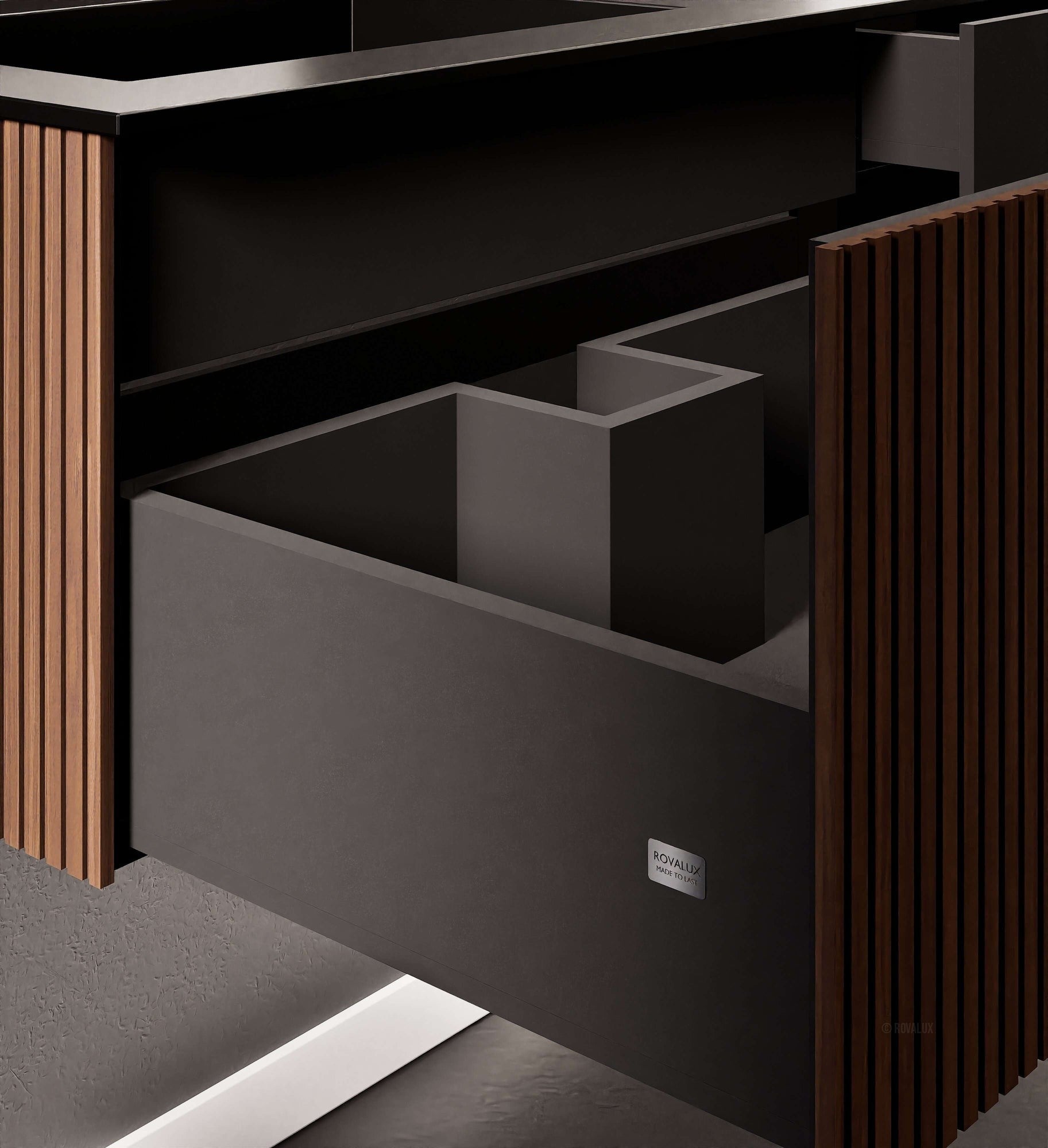 Fluvia Single Right Wall Set – Corian® Sink & Countertop with 1 Main Drawer & Concealed Inner Drawer - ROVALUX
